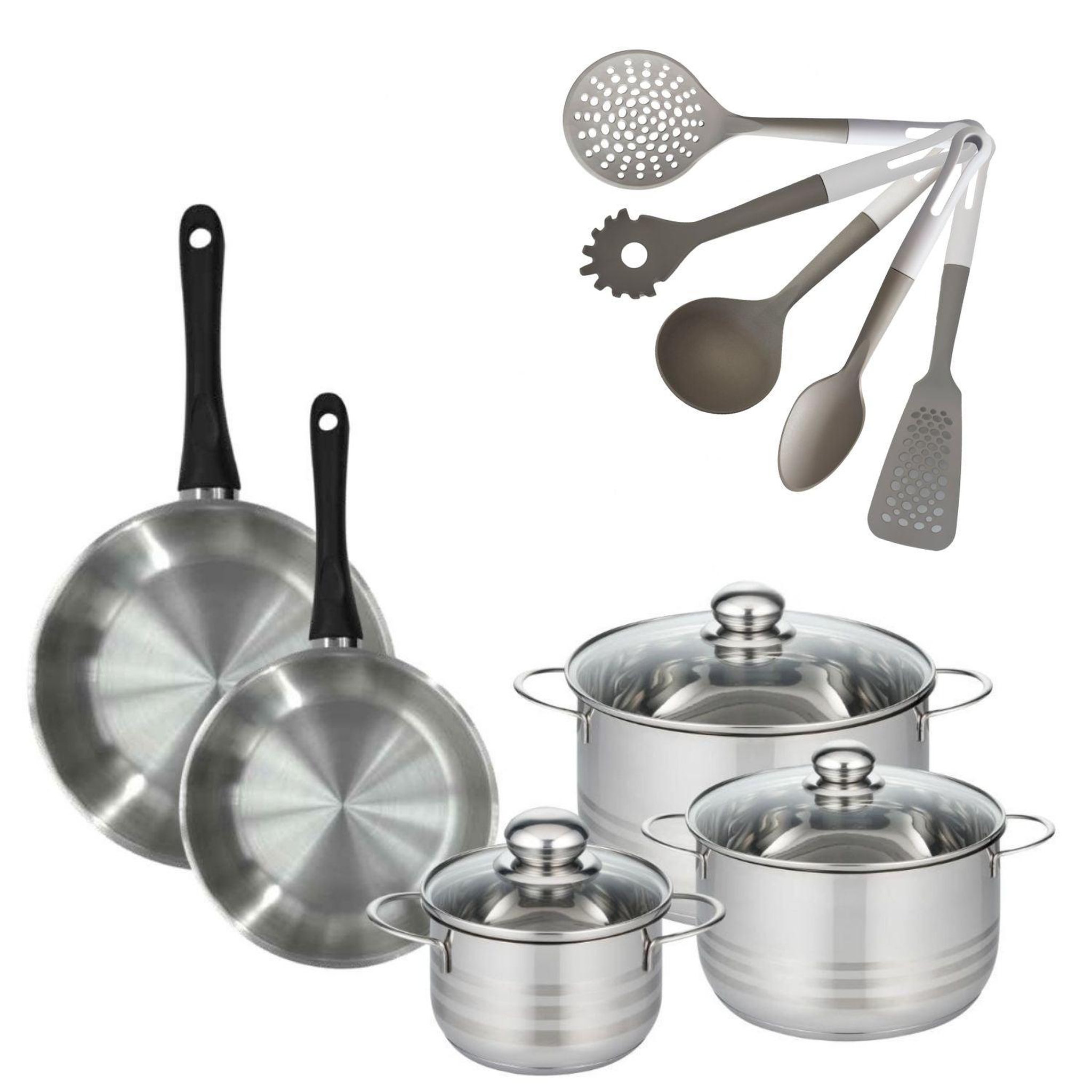 Fackelmann Batterie de cuisine avec 3 faitouts 16/20/24 cm et 2 poêles 24/28 cm et 5 ustensiles de cuisine fackelmann généva brillant vario