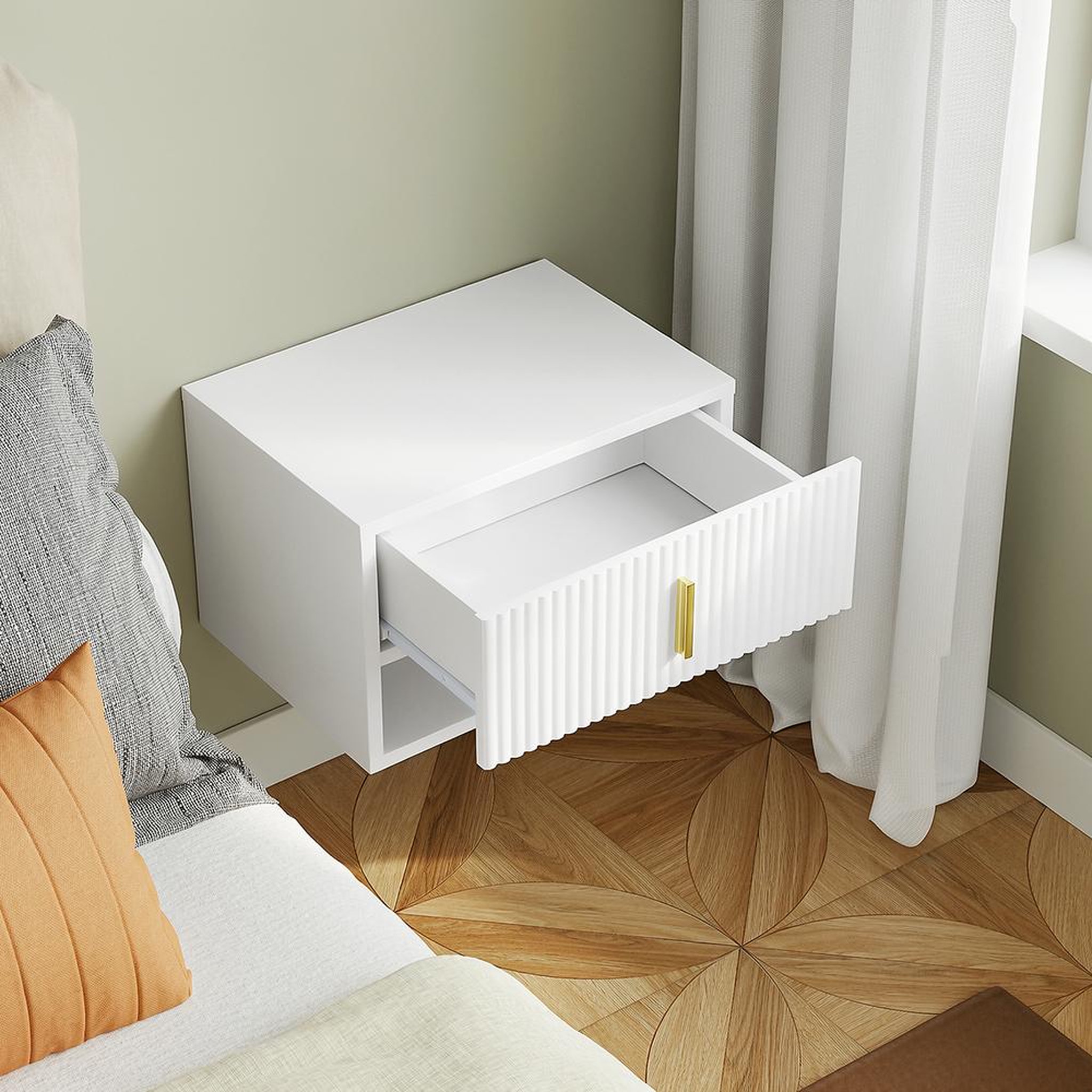 Voir la diapositive 6 : SOBUY Chevet mural blanc avec tiroir et étagère LED 40x30x26cm FBT176-E-W