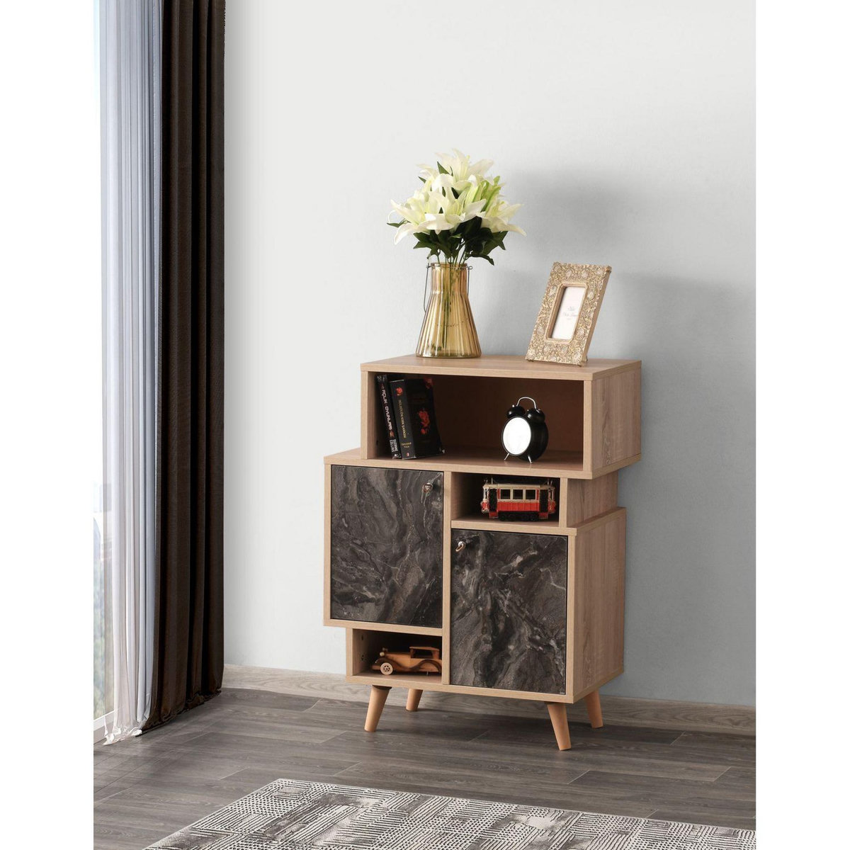 TOILINUX Etagère bibliothèque design marbré Izmir - L. 70 x H. 90 cm - Gris anthracite