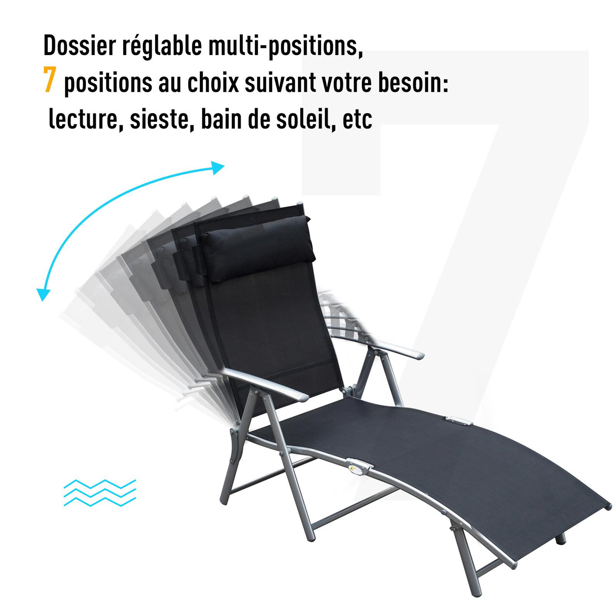 Voir la diapositive 5 : OUTSUNNY Outsunny transat chaise longue bain de soleil pliable dossier inclinable multi-positions têtière fournie 137L x 64l x 101H cm métal époxy textilène noir