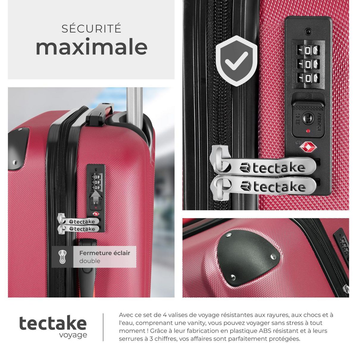 tectake Set de valises trolley rigides 4 pièces, 3 trolleys et une trousse de beauté en plastique ABS robuste rouge bordeaux
