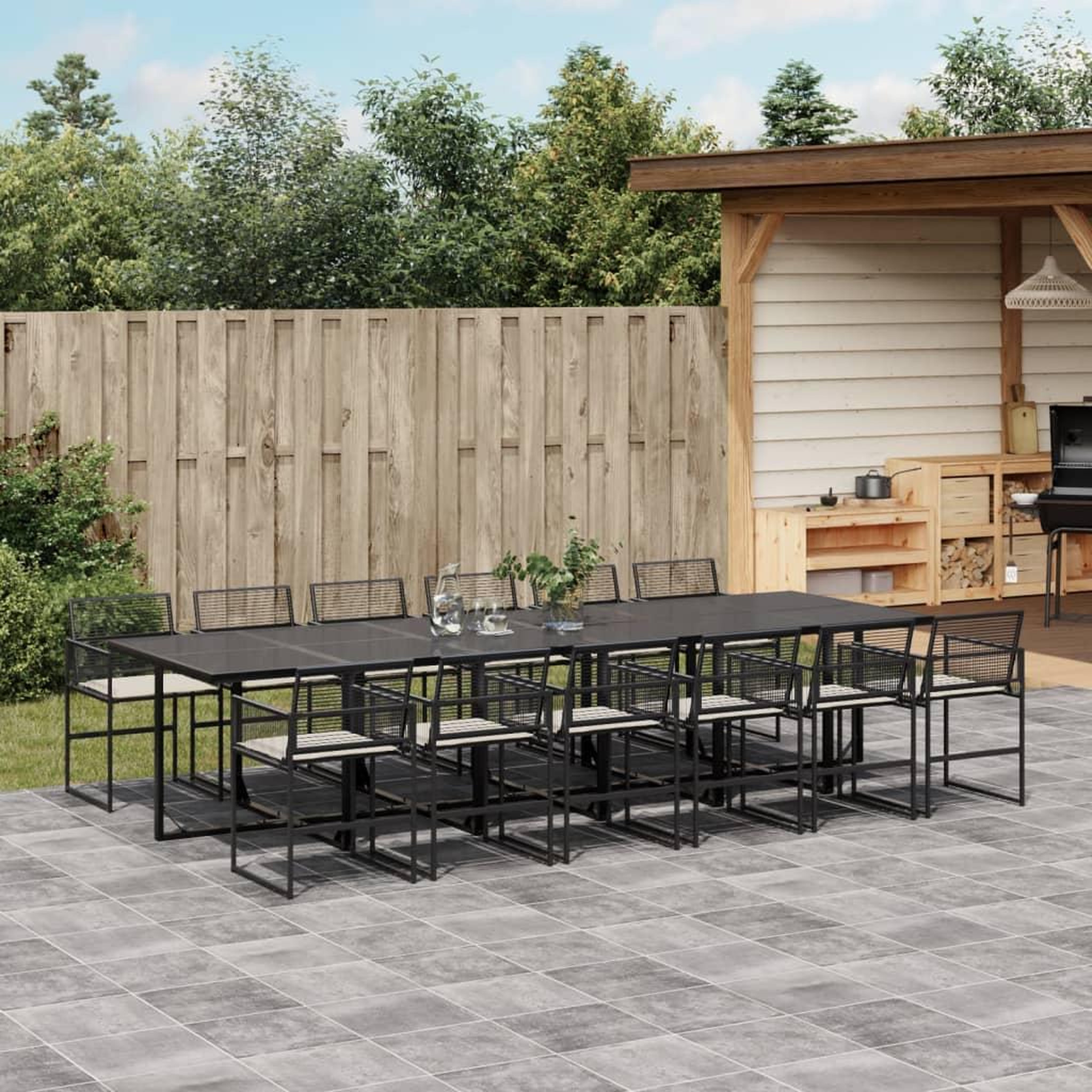 VIDAXL Ensemble a manger de jardin 13 pcs coussins noir resine tressee
