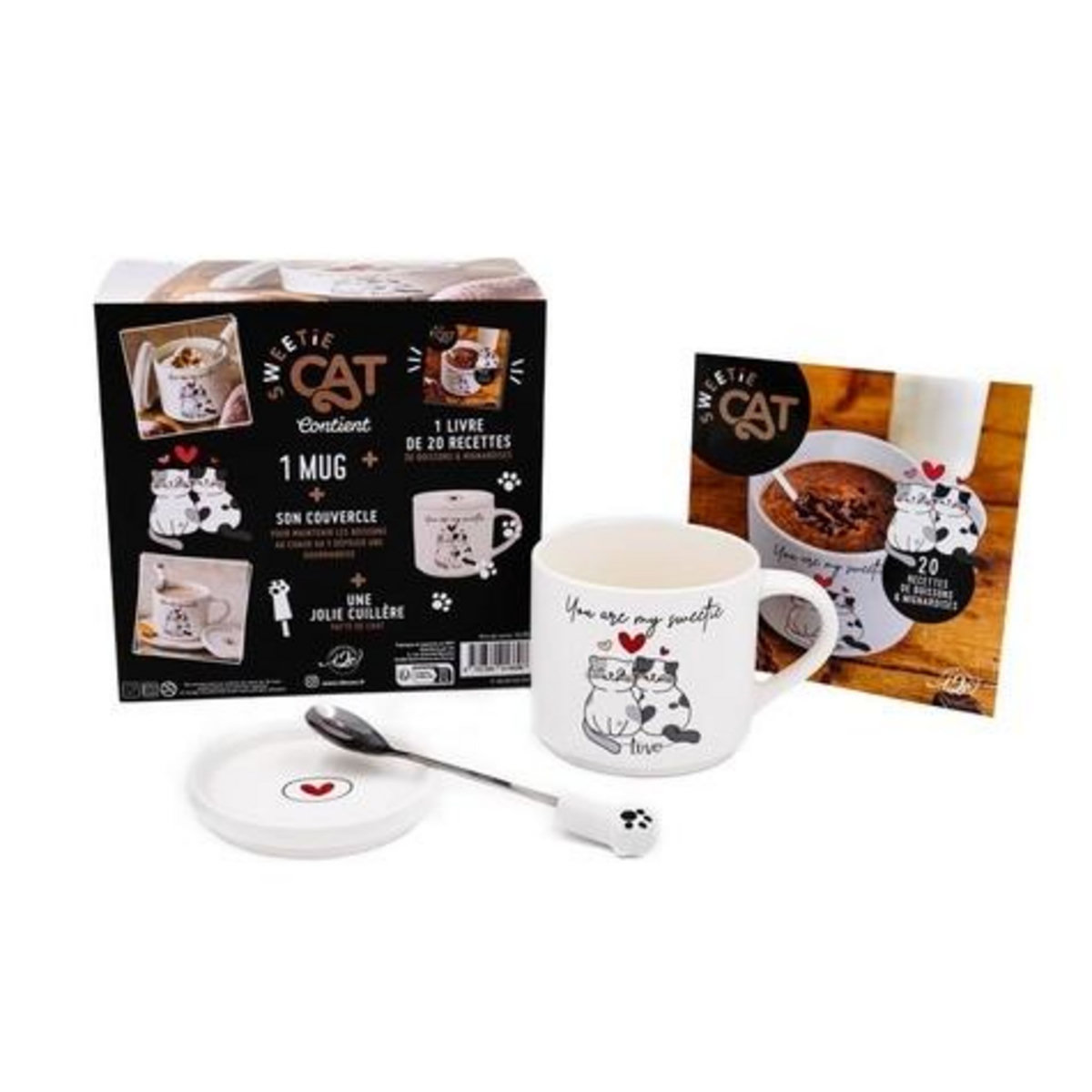 SWEETIE CAT BLANC. COFFRET AVEC 1 MUG ET SON COUVERCLE, 1 JOLIE CUILLERE ET 1 LIVRE DE RECETTES, Desgages Aurélie