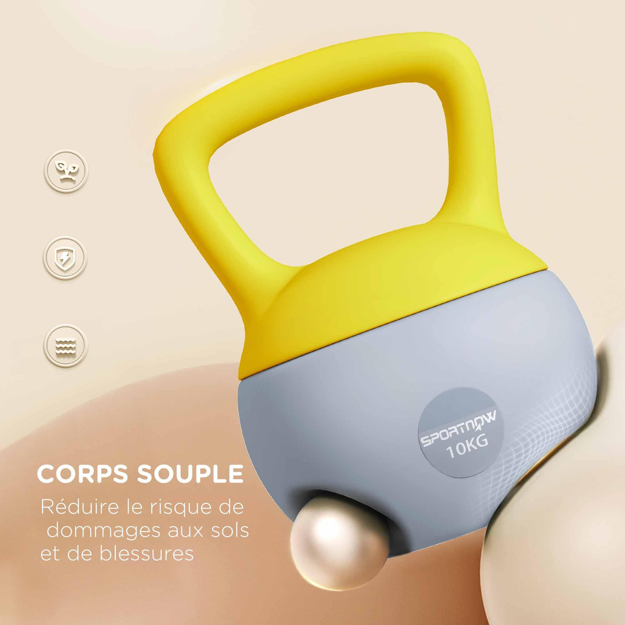 Voir la diapositive 4 : HOMCOM Kettlebell 10 kg - prise ergonomique - entraînement musculaire & haltérophilie - pvc gris jaune