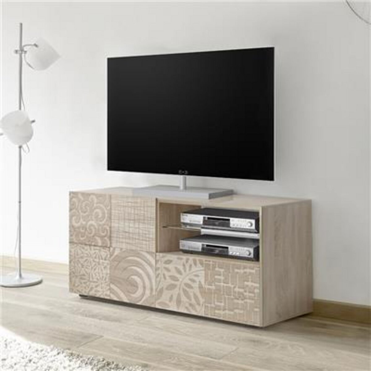 NOUVOMEUBLE Petit meuble TV 120 cm contemporain chêne clair ELMA 3, sans  éclairage pas cher 