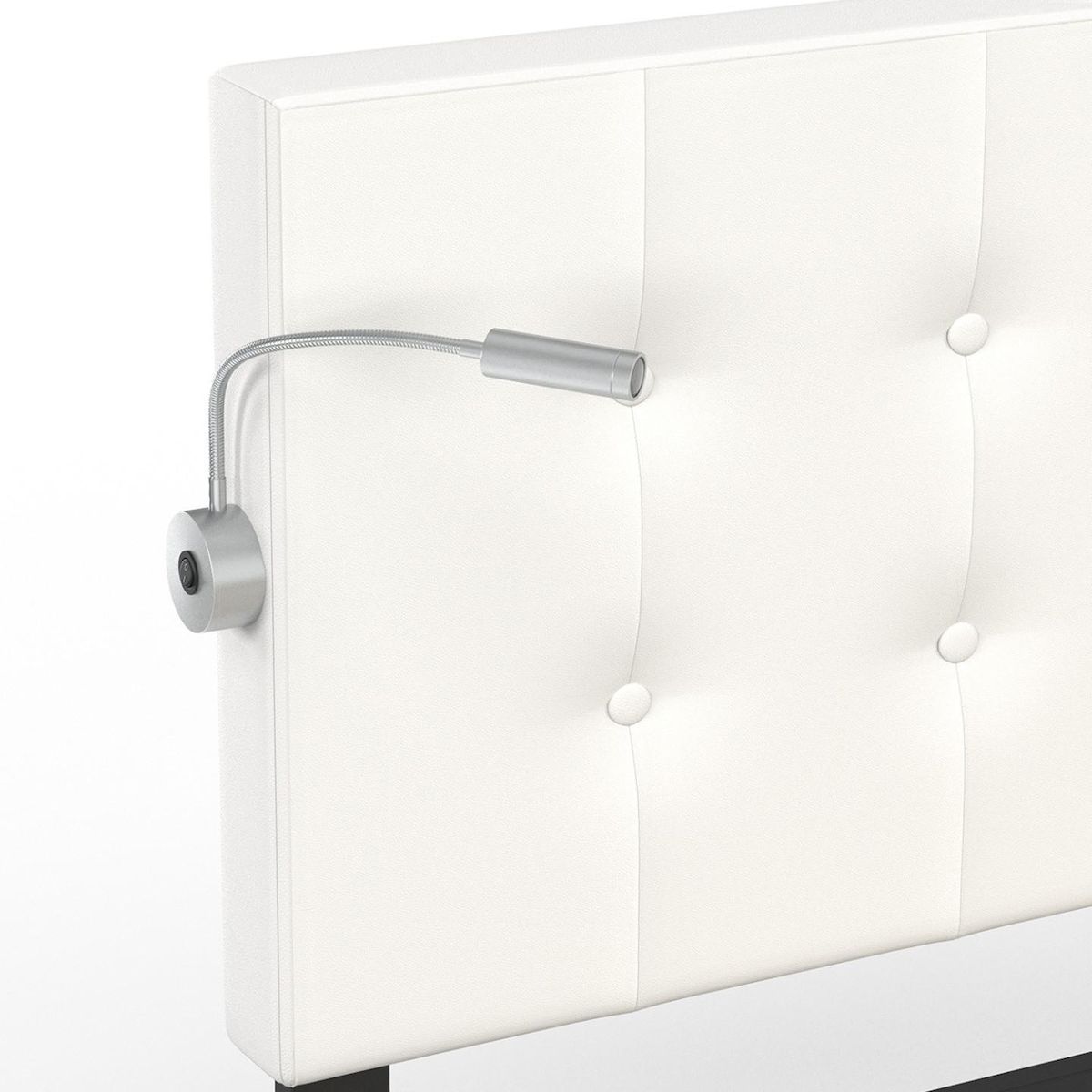 ID MARKET Lit double MAEL 140 x 190 cm avec tête de lit capitonnée PVC blanc liseuses intégrées et sommier et 2 tiroirs sur roulettes