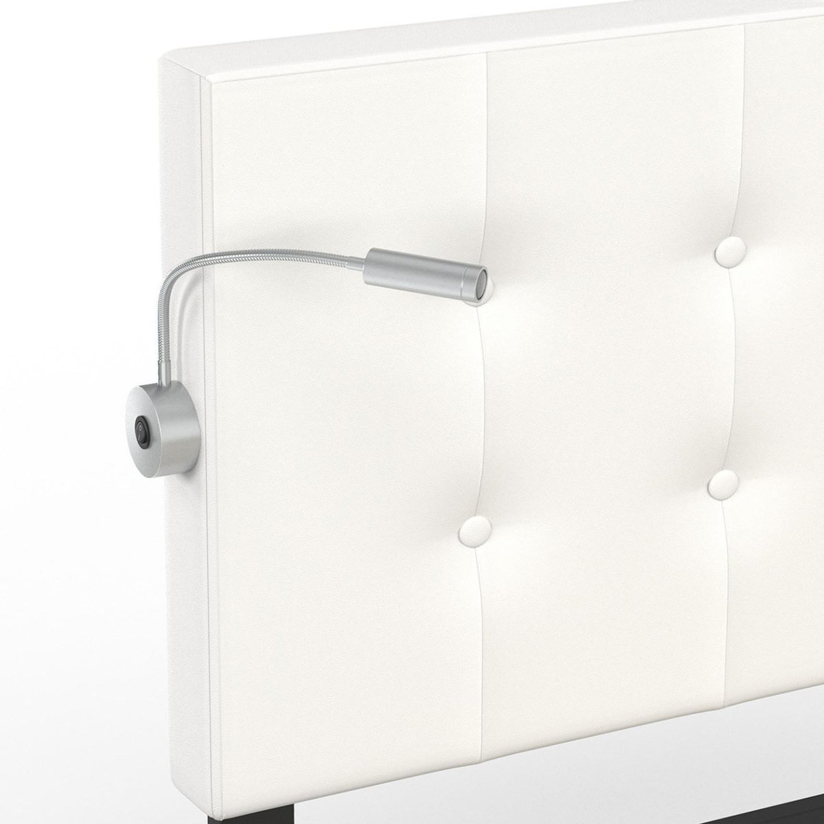 ID MARKET Lit double MAEL 140 x 190 cm avec tête de lit capitonnée PVC blanc liseuses intégrées et sommier et 2 tiroirs sur roulettes