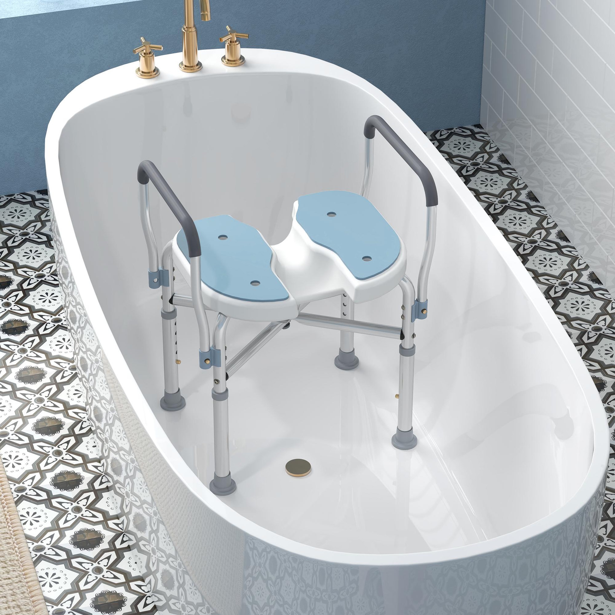 Voir la diapositive 2 : HOMCOM Siège de douche avec accoudoirs hauteur réglable antidérapant alu hdpe bleu balnc gris