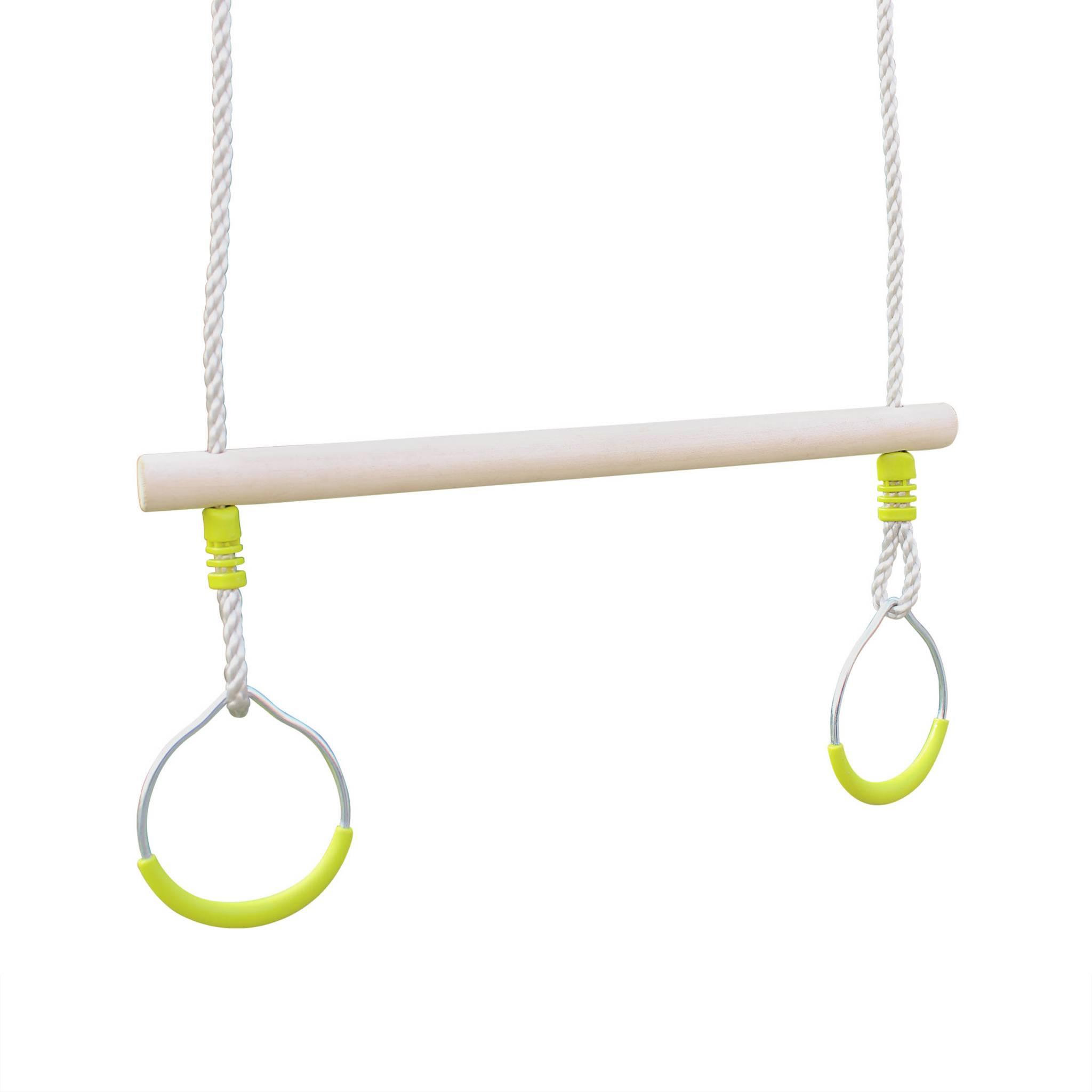 Voir la diapositive 1 : SWEEEK Trapèze bois avec paire d'anneaux métal pour portique de 2 à 2.5m. agrès balançoire. accessoire