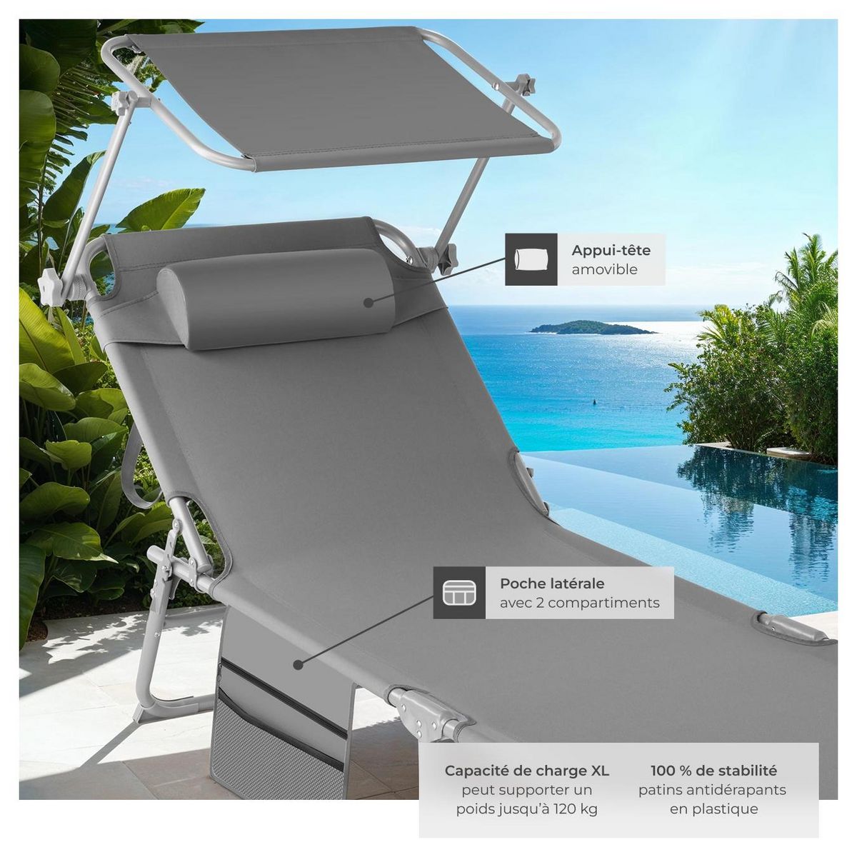 tectake Lot de 2 bains de soleil pliable gris