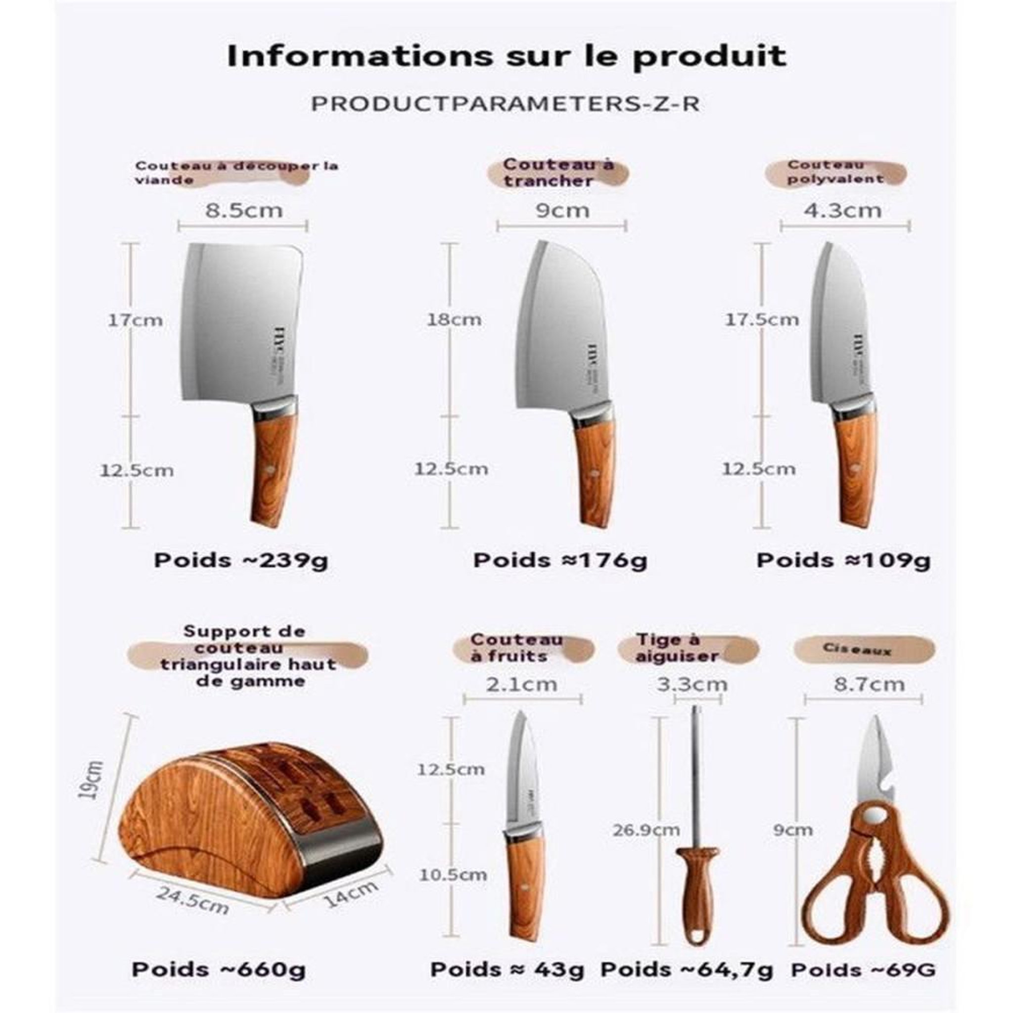 Voir la diapositive 6 : Coffret couteaux de cuisine 7 pièces avec bloc SONOOK acier inox 5CR15 finition miroir