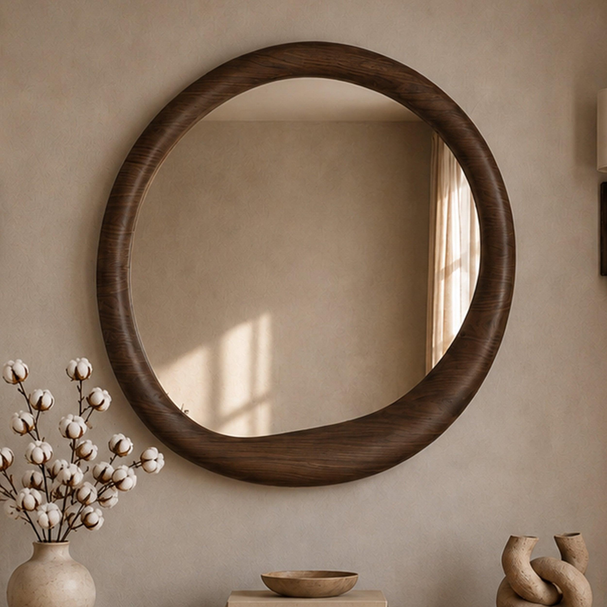 Voir la diapositive 2 : MAISON PAVANE Miroir rond en placage noyer, d100 cm-yoko