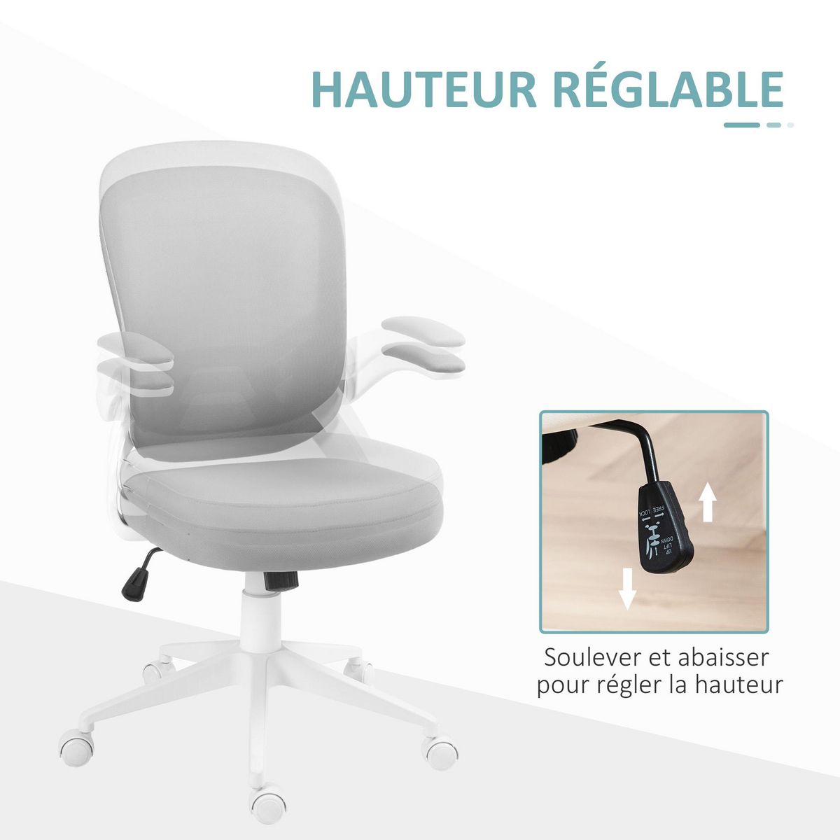 HOMCOM Chaise de bureau design ergonomique réglable accoudoirs relevables maille tissu gris