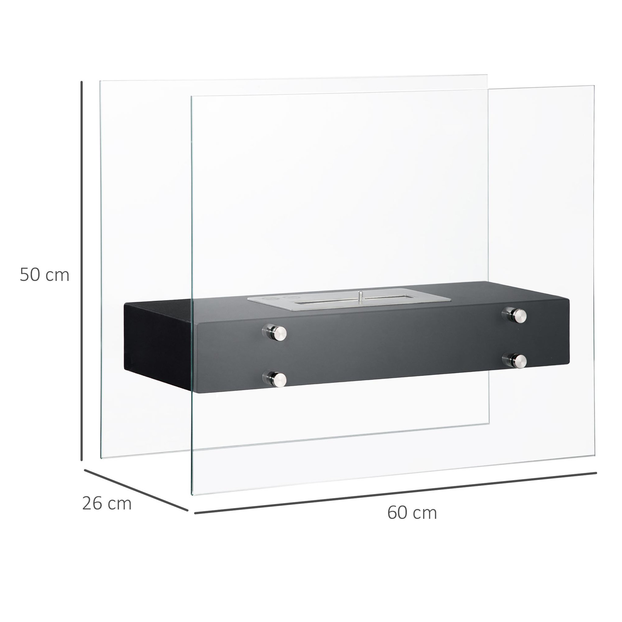 Voir la diapositive 3 : HOMCOM Cheminée à poser bioéthanol en métal et verre trempé avec réservoir 1,5 l couverture 25 m²  - dim. 60l x 26l x 50h cm