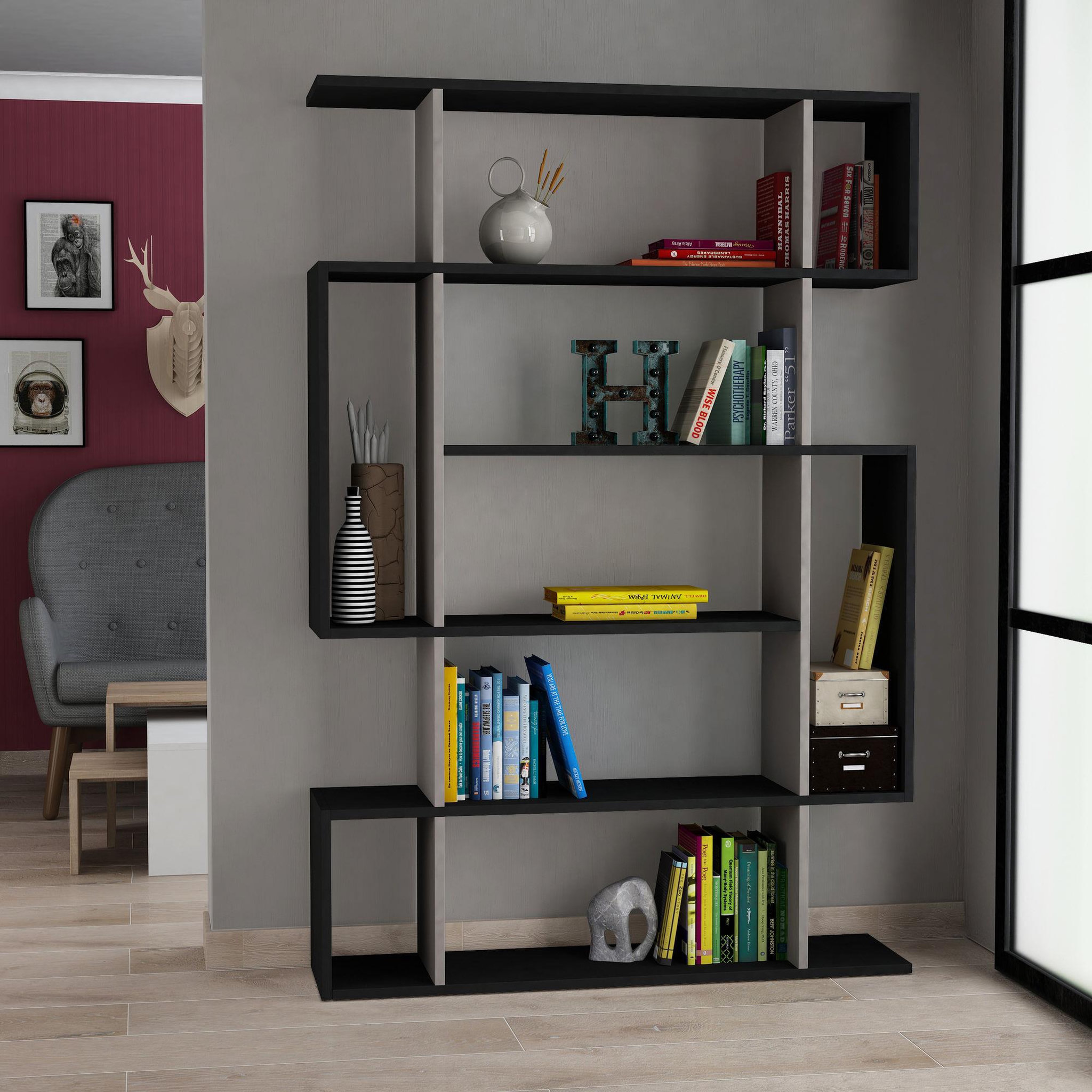 Voir la diapositive 2 : Habitat et Jardin Bibliothèque en bois  mito  - 110 x 25 x 161 cm - gris anthracite