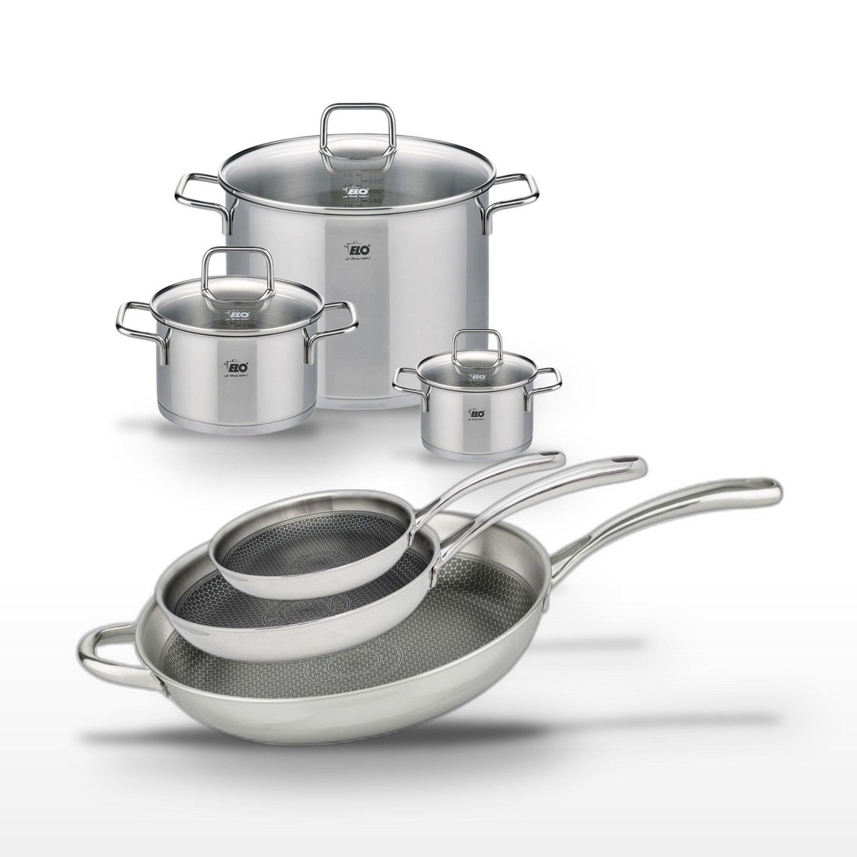 ELO Lot 3 Poêles 24/28/32 cm & 3 Faitouts 14/20/26 cm Elo Relief Evolution