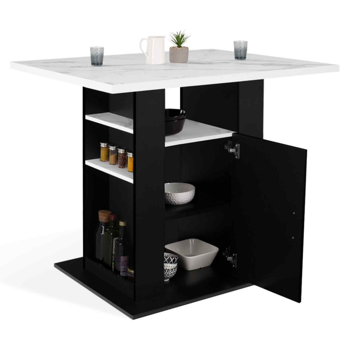 ID MARKET Ilot central UGO 110 cm effet marbre et noir ALASKA avec rangements