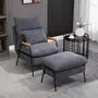 HOMCOM Fauteuil lounge style néo-rétro avec repose-pied - dossier inclinable - structure acier noir accoudoirs bois hévéa revêtement velours cotelé gris