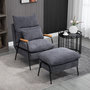 Voir la diapositive 2 : HOMCOM Fauteuil lounge style néo-rétro avec repose-pied - dossier inclinable - structure acier noir accoudoirs bois hévéa revêtement velours cotelé gris