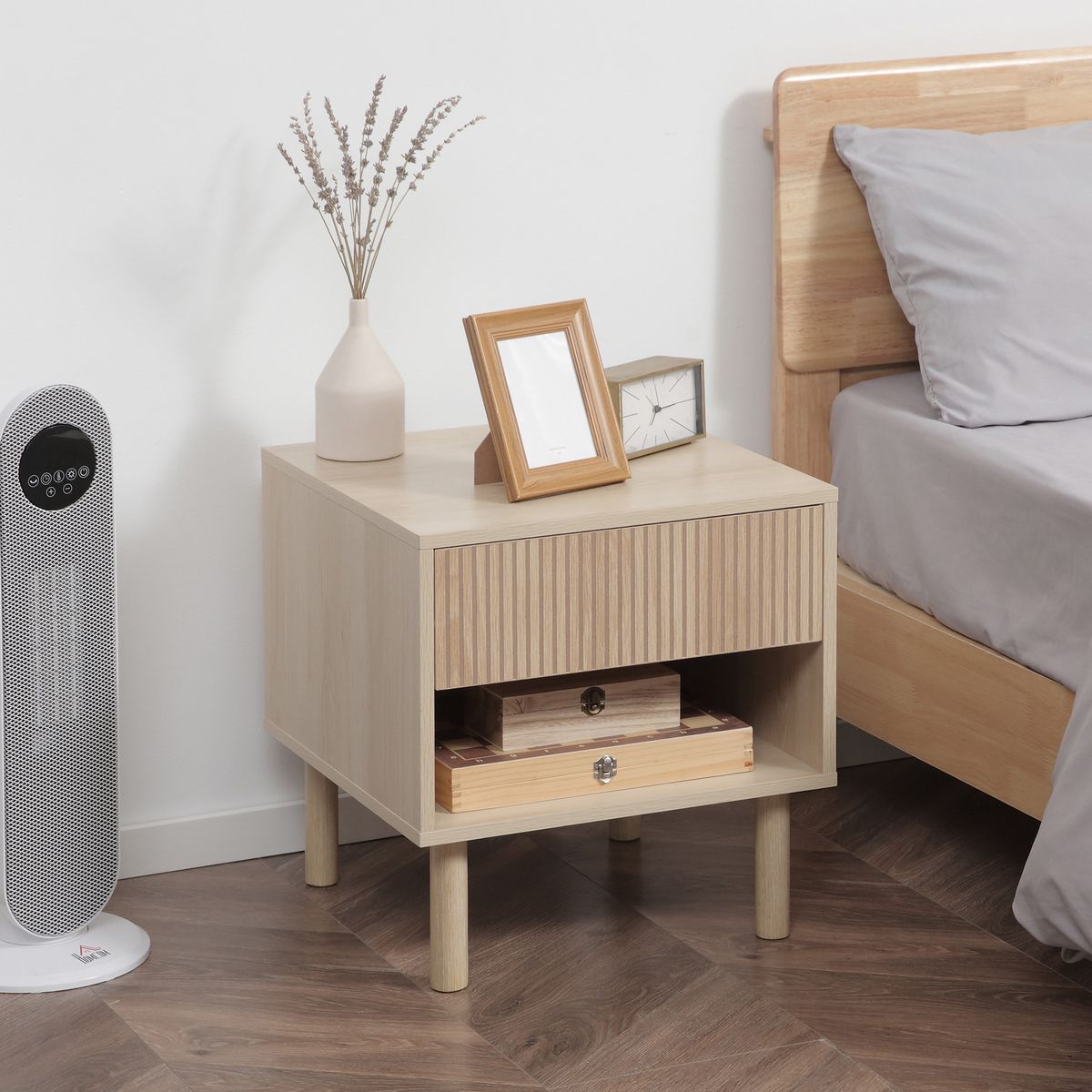 HOMCOM Table de chevet table de nuit design Urban Craft - tiroir coulissant, niche - piètement cylindrique - panneaux particules aspect bois clair