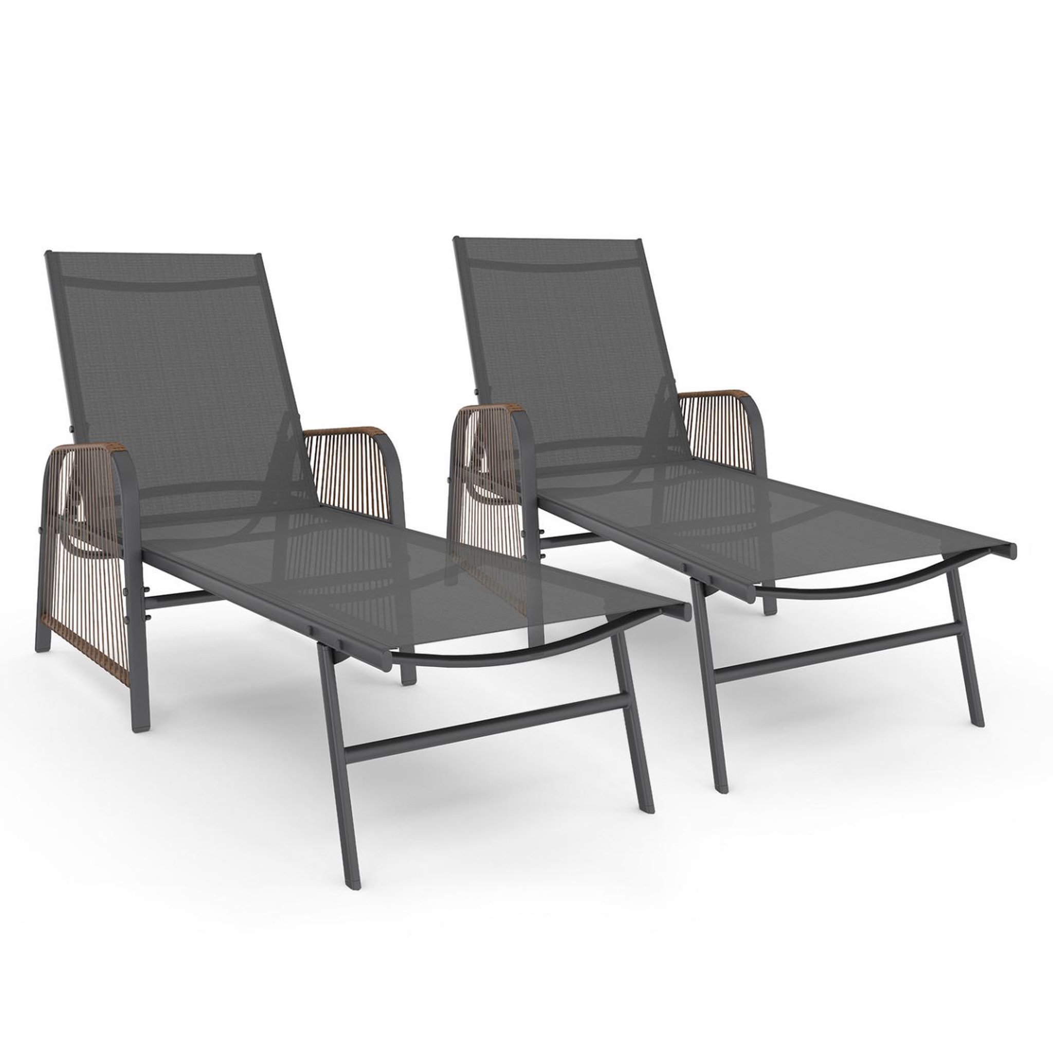 ID MARKET Lot de 2 transats de jardin inclinables rio en acier gris anthracite, cordage effet rotin avec accoudoirs et toile grise