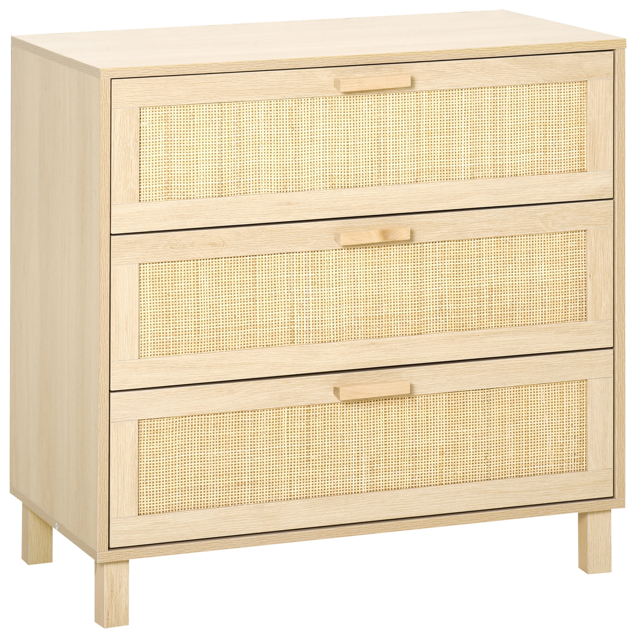 Voir la diapositive 1 : HOMCOM Commode 3 tiroirs cannage en rotin dim. 80L x 40l x 80H cm MDF aspect bois clair