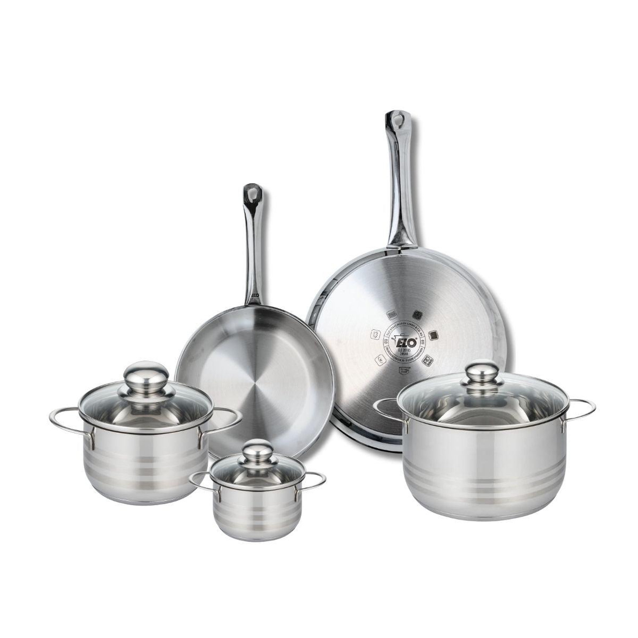 ELO Ensemble de 2 poêles de cuisson 24 et 28 cm et 3 faitouts 12, 16 et 24 cm elo profi brillant