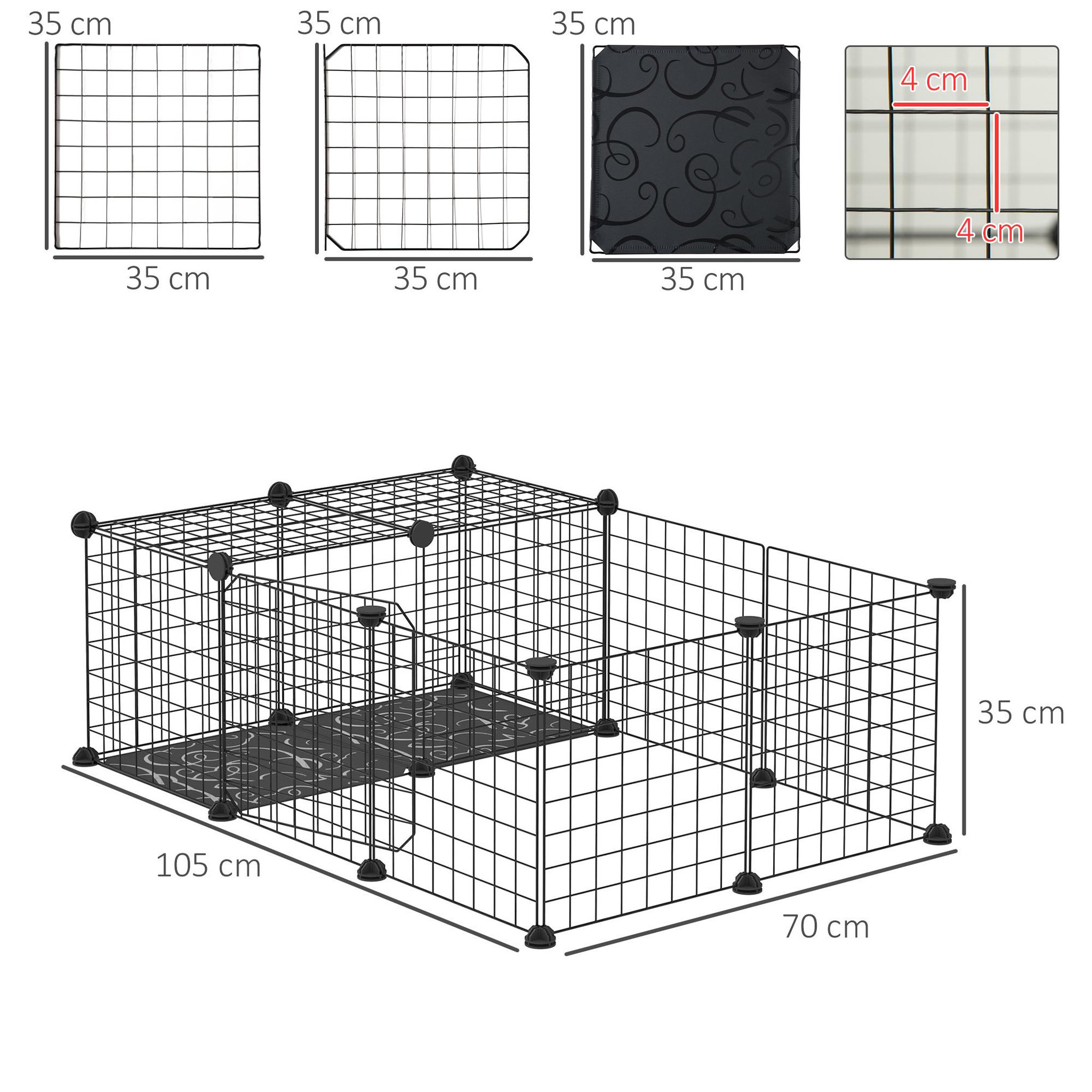 Voir la diapositive 3 : PAWHUT Cage parc enclos rongeurs modulable dim. L 105 x l 70 x h 35 cm résine pp fil métallique noir