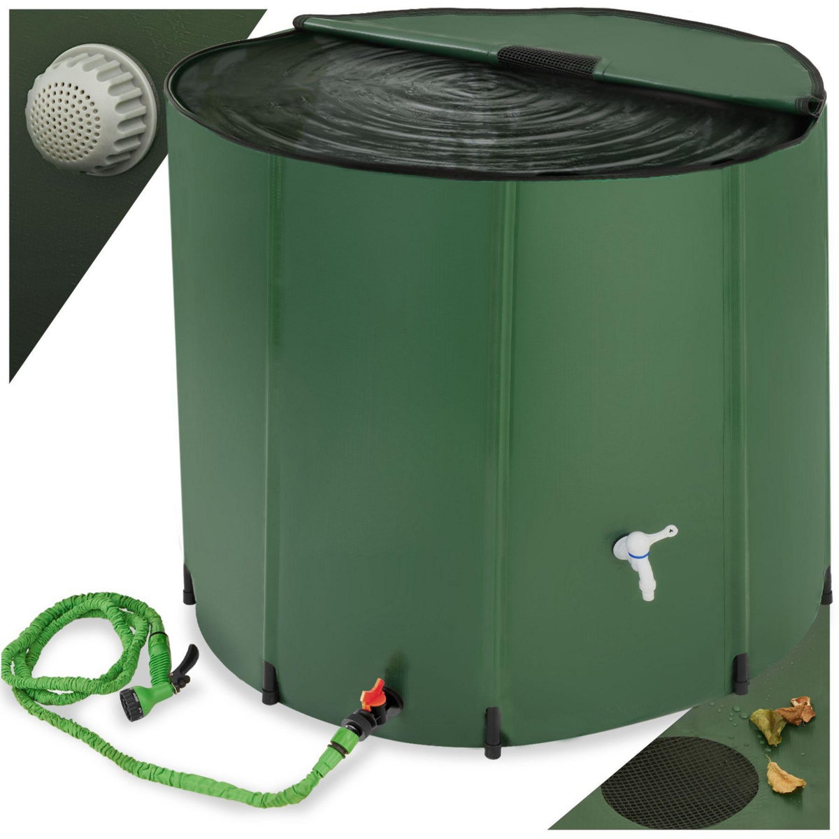 tectake Tonneau récupérateur d'eau de pluie avec robinet et protection anti-débordement vert 750 L