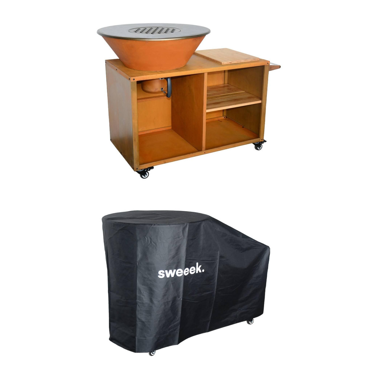 SWEEEK Braséro de cuisson Ø80cm desserte avec espaces de rangement + housse de protection L 138 x P 82 x H 114 cm