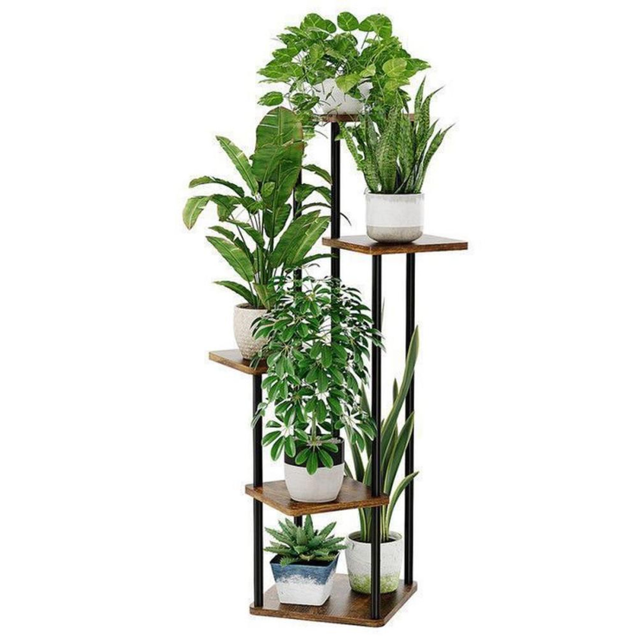 Présentoir à plantes 5 niveaux métal et MDF brun 30 x 30 cm, hauteur 106,7 cm, cadre noir, pour intérieur