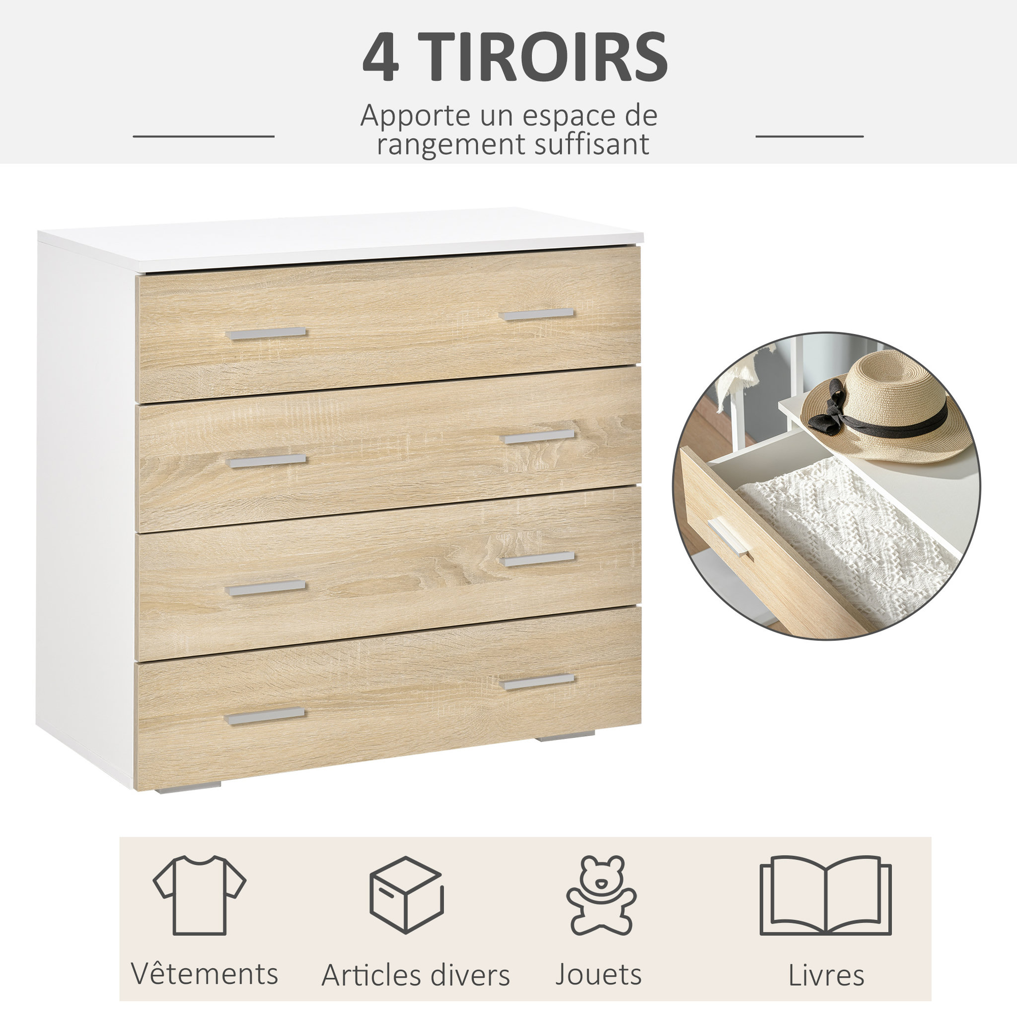 Voir la diapositive 6 : HOMCOM Commode meuble de rangement style contemporain 4 tiroirs 76 x 35 x 72 cm blanc et couleur bois