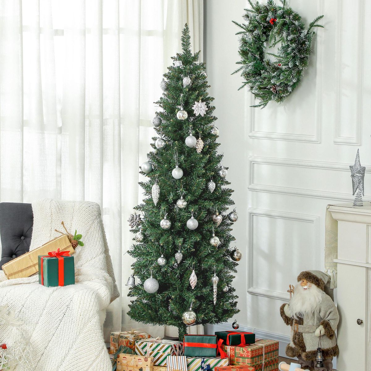 HOMCOM Sapin de Noël artificiel 180 cm slim avec support en acier pliable, 479 branches épines, décoration de Noël effet réaliste, vert