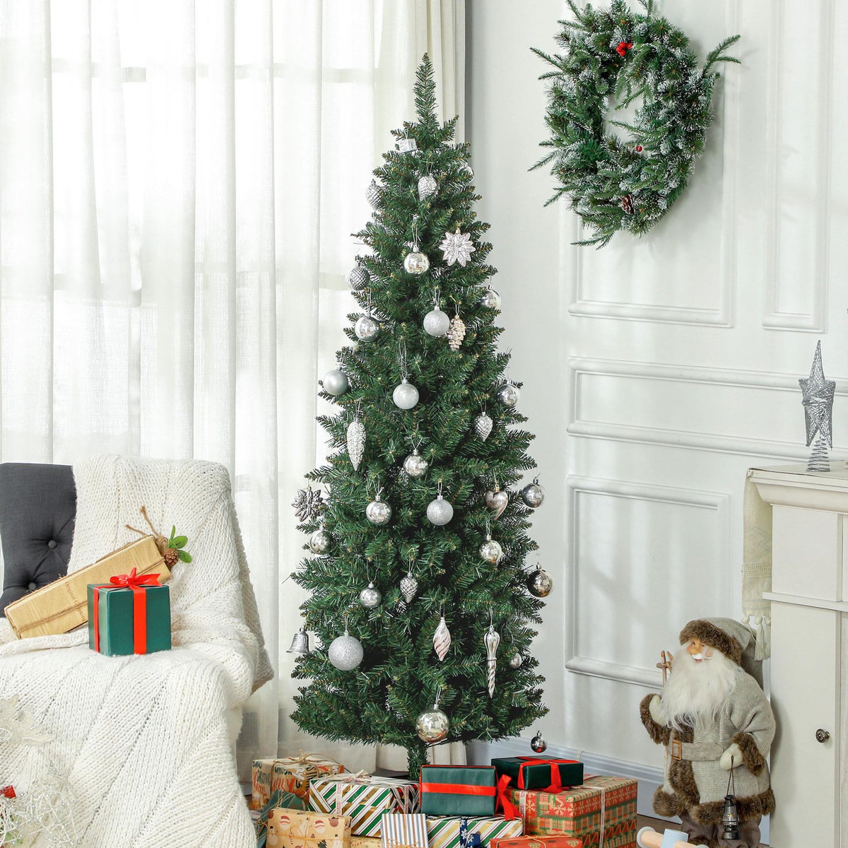 HOMCOM Sapin de Noël artificiel 180 cm slim avec support en acier pliable, 479 branches épines, décoration de Noël effet réaliste, vert