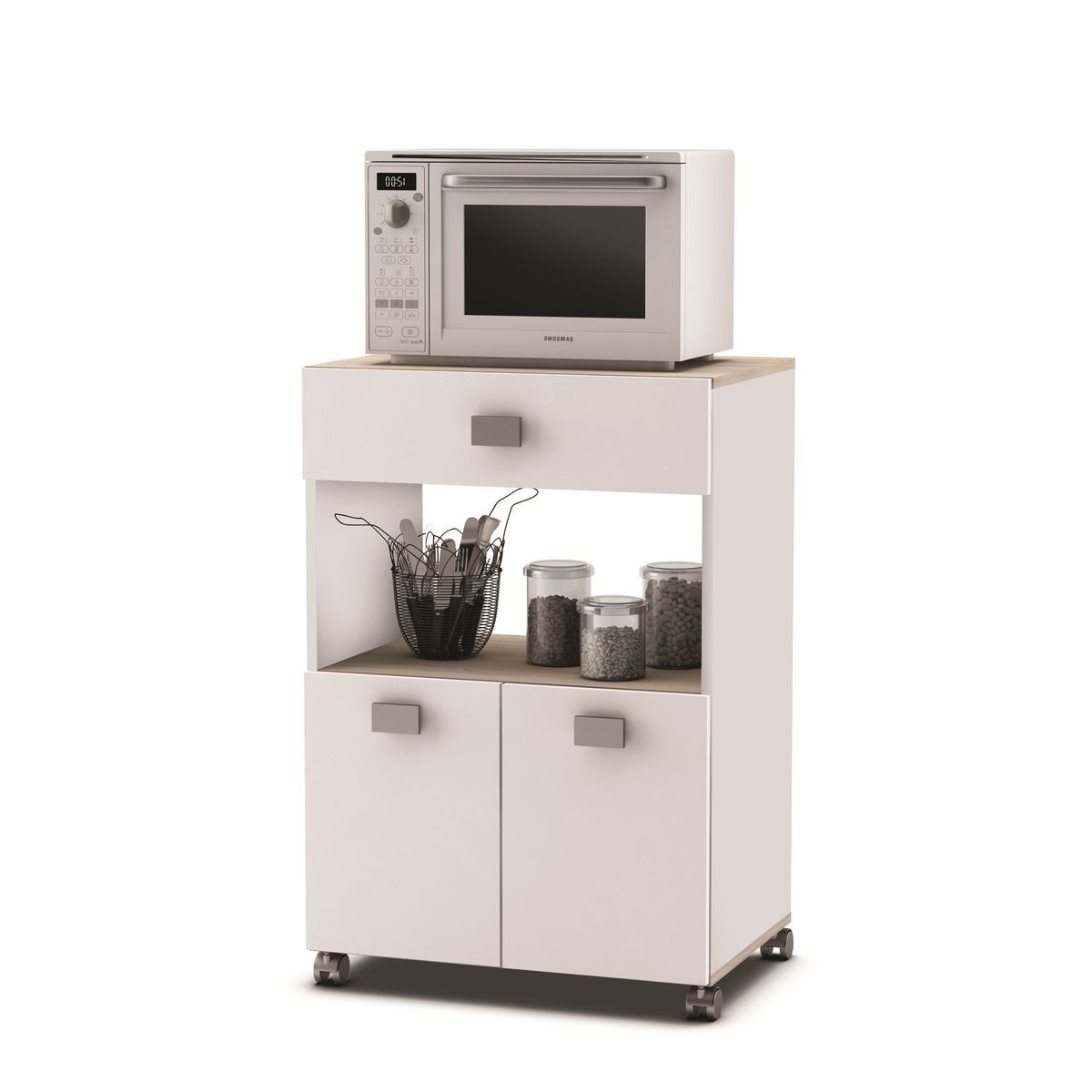 Desserte micro ondes 2 portes 1 tiroir à roulettes L42 x P59,6 x H88,3 cm THYM