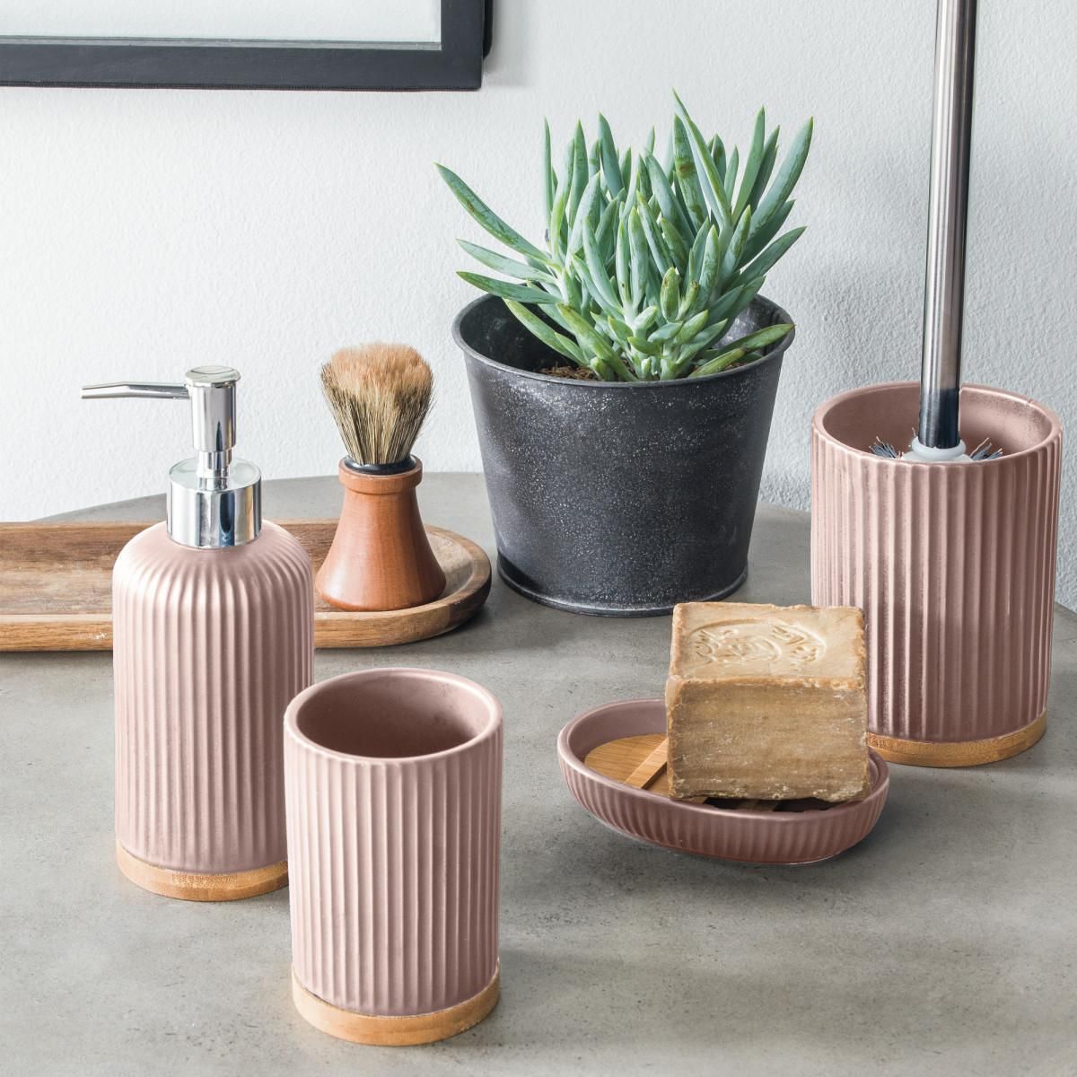 GUY LEVASSEUR Set salle de bain strié 4 pièces céramique bambou rose