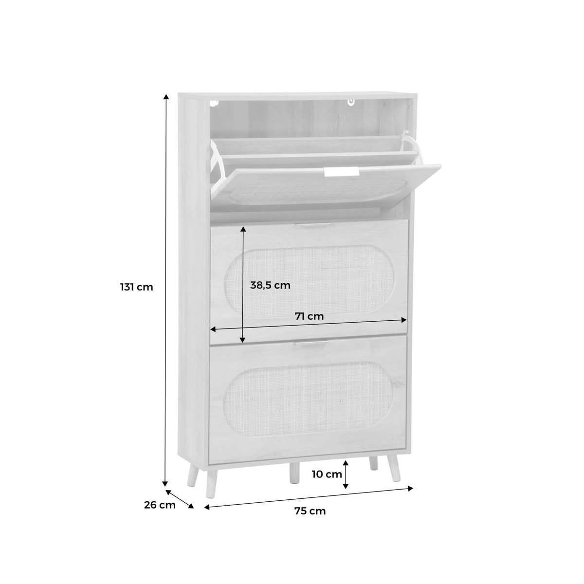 SWEEEK Meuble à chaussures décor bois et cannage 3 abattants. poignées en métal - L 75 x P 26 x H 131 cm - Eva