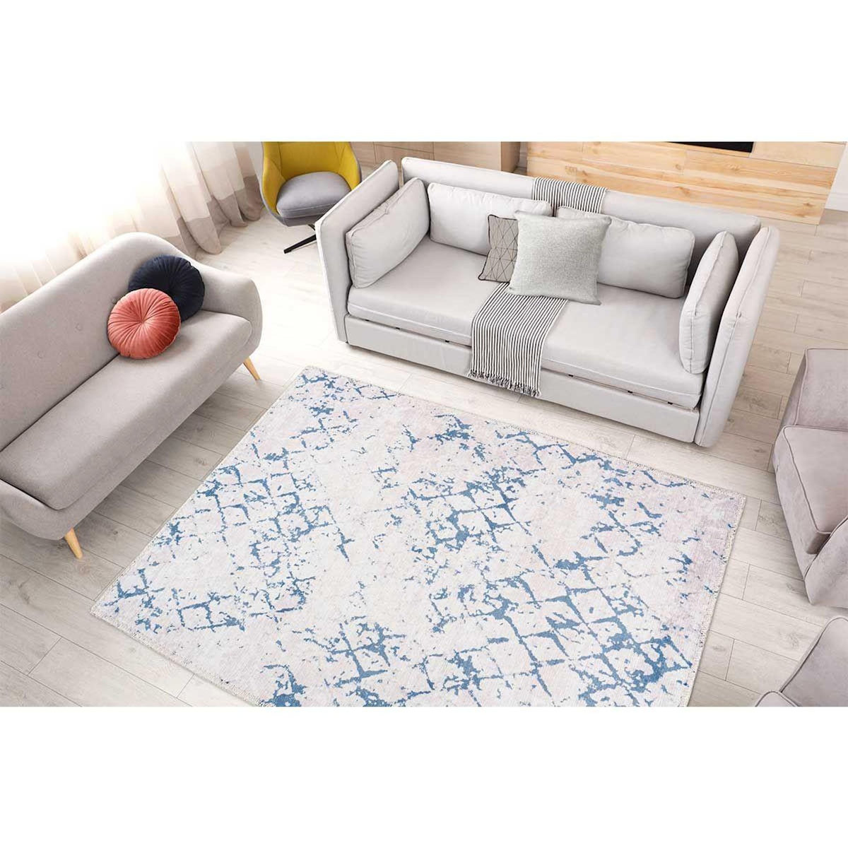 Paris Prix Tapis Tissé Imprimé Vintage  Peron IV  Blanc & Bleu