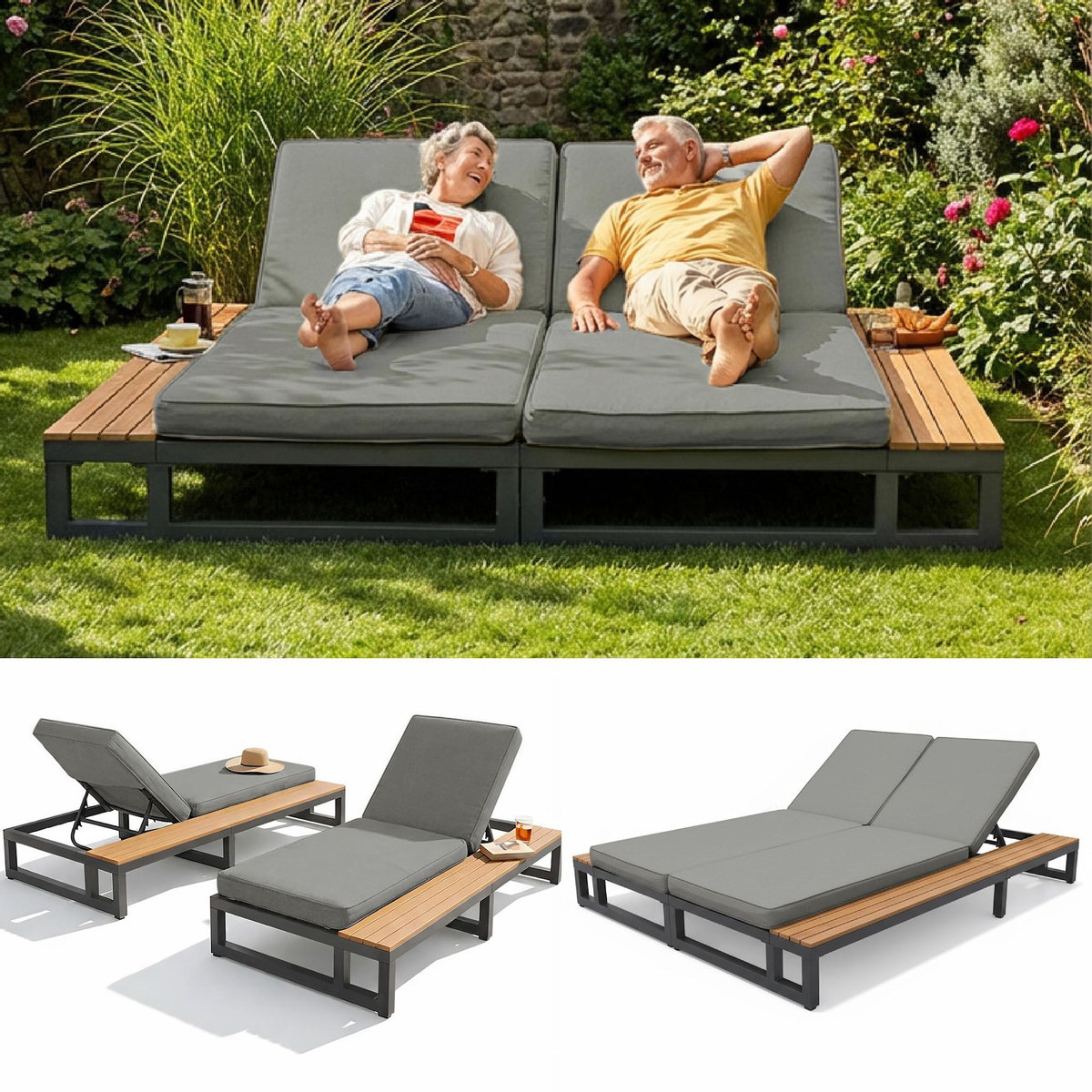 MERAX Bain de soleil 2 places en métal et bois avec dossier réglable, coussin et étagères