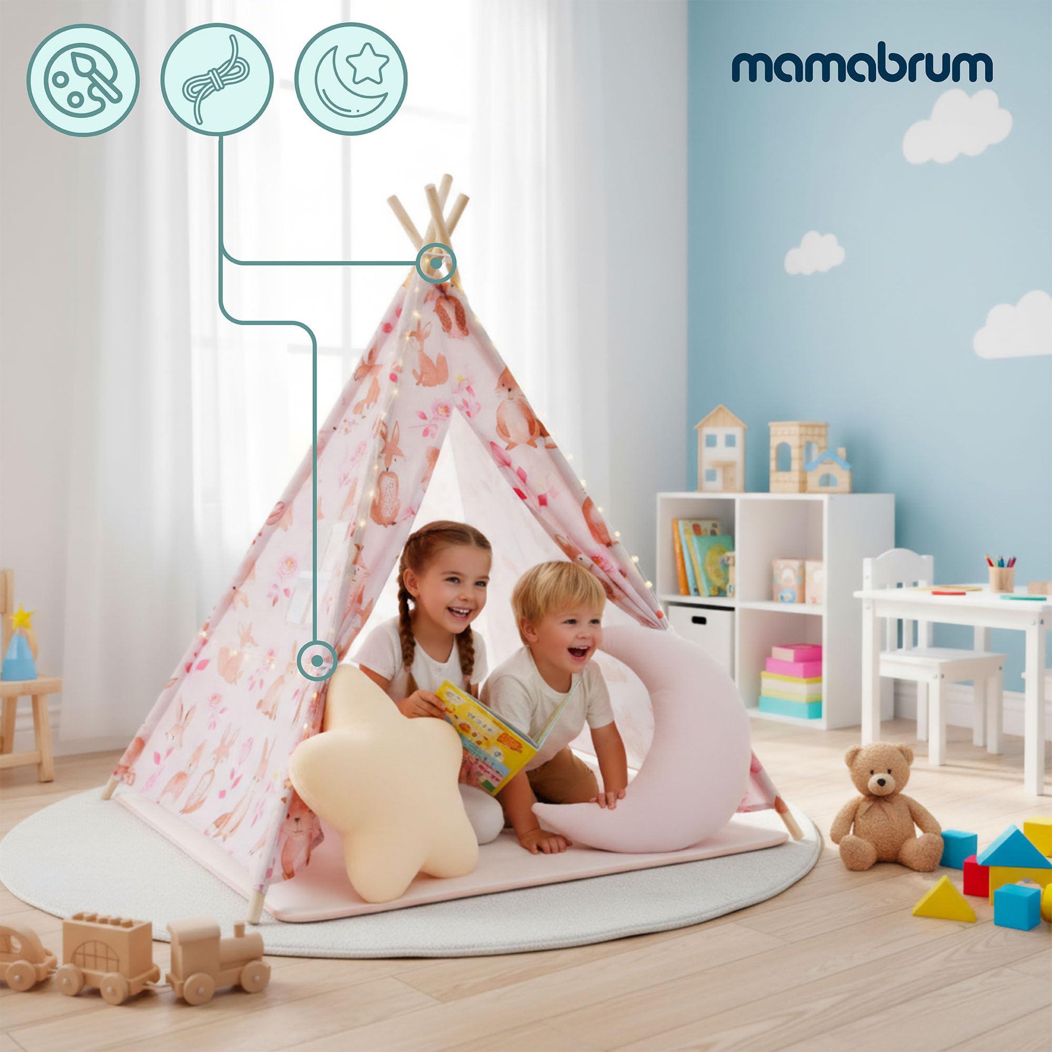 Voir la diapositive 4 : HYPERMOTION Tente Tipi Enfant en Bois Pin et Tissu Tapis Antidérapant LED 100x100cm Rose
