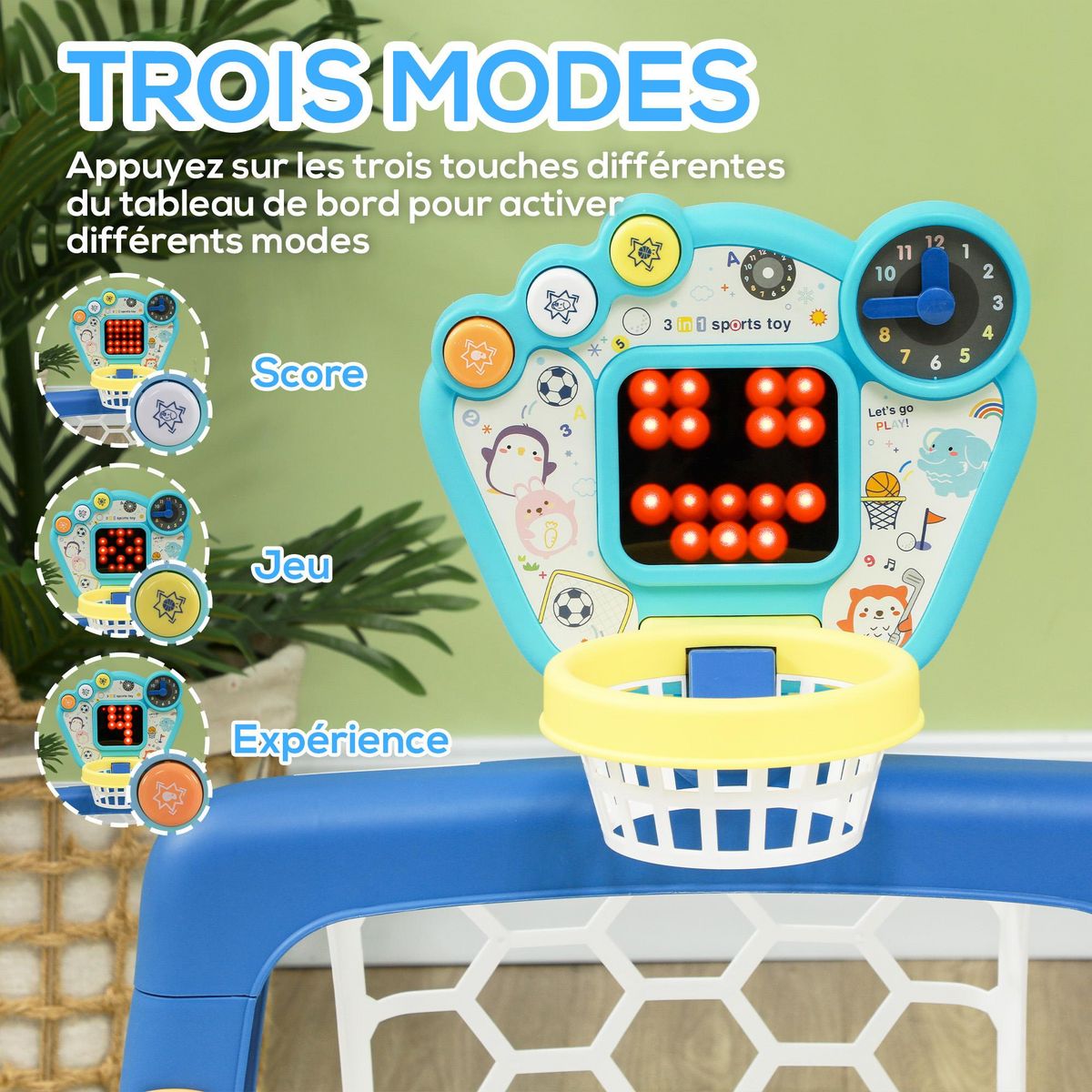 HOMCOM Jeux sportifs 3 en 1 enfant 18-48 mois - foot, basket, golf - effets lumineux sonores bleu