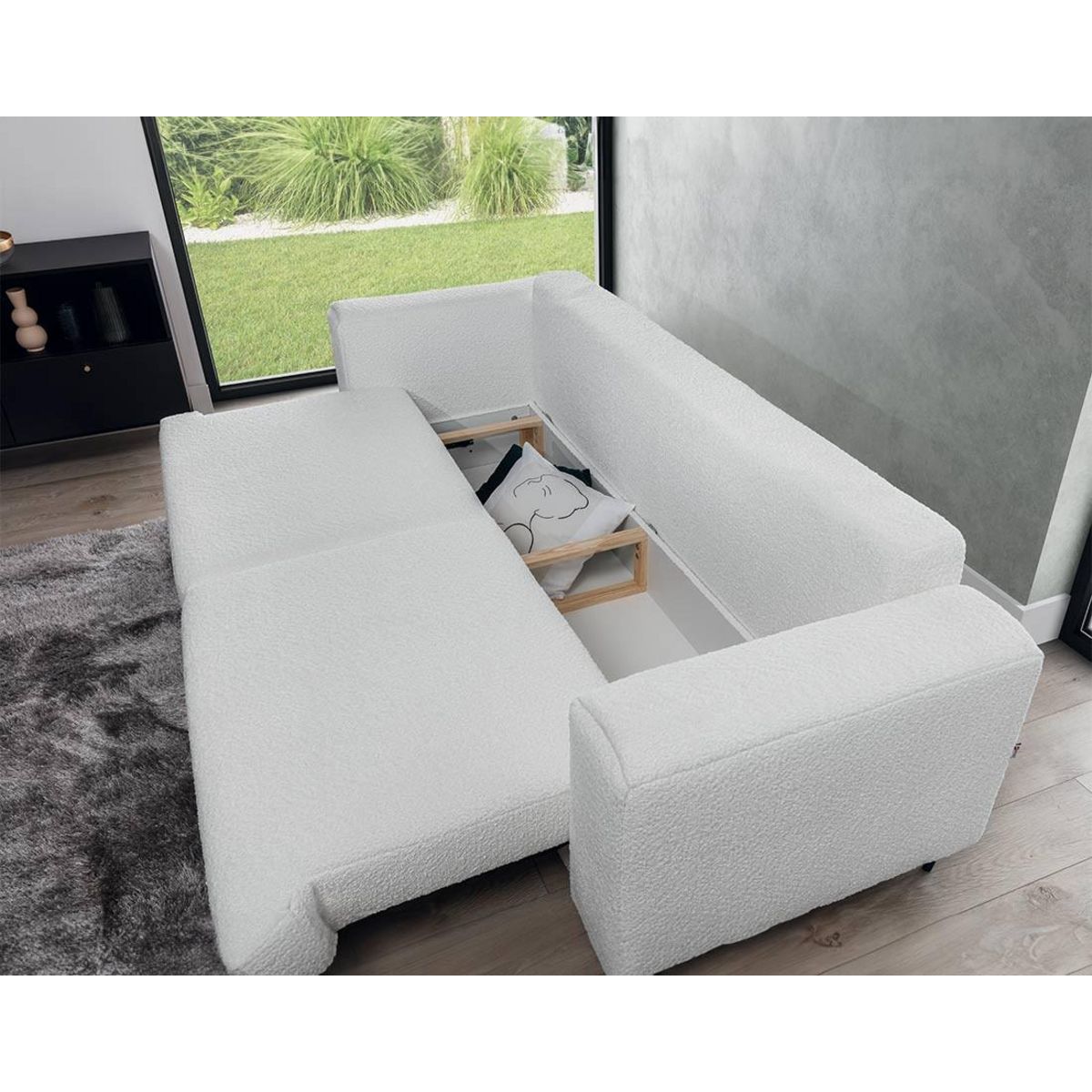 BEST MOBILIER Maddie - canapé droit 3 places convertible avec coffre en tissu bouclette