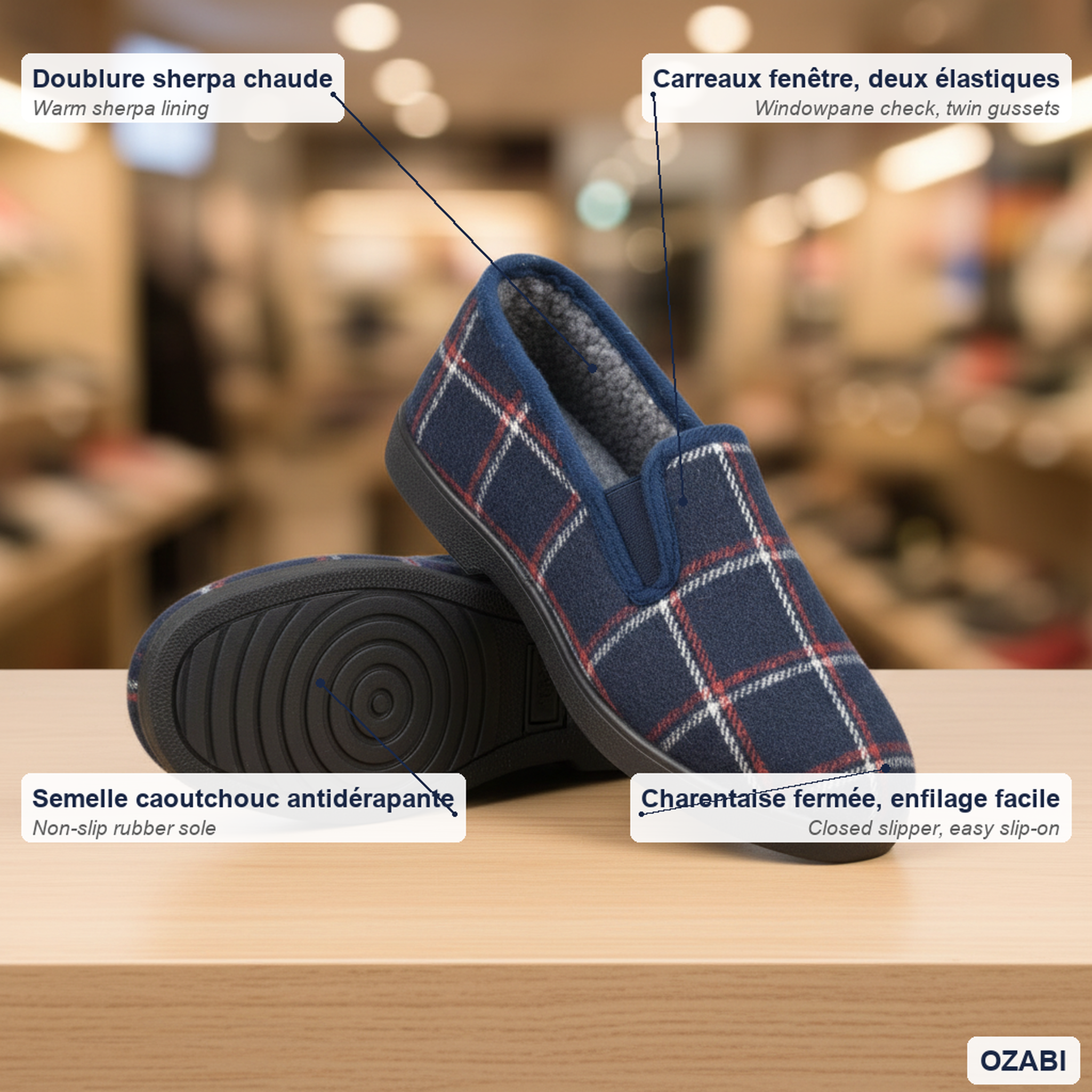 Voir la diapositive 5 : OZABI Ozabi pantoufles charentaises homme fourrées carreaux fenêtre antidérapantes