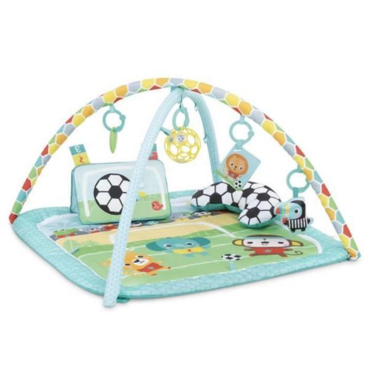 Bright Starts BRIGHT STARTS Tapis d'Eveil Football, Arche de jeu avec jouets Oball détachables, Musique et Lumieres, Dimensions : 47 x 74 x 7