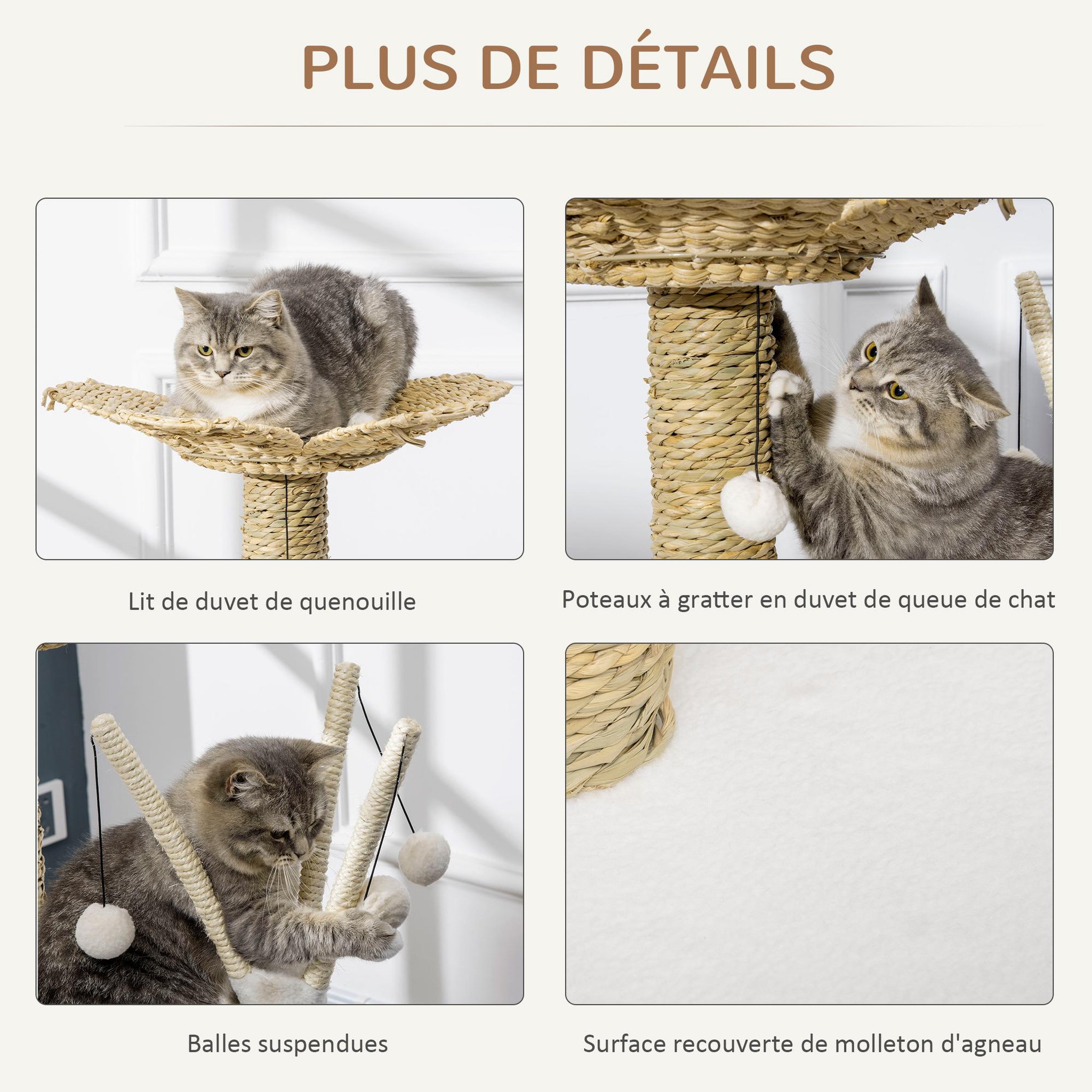 Voir la diapositive 5 : PAWHUT Arbre à chat style cosy chic fleur - griffoirs, tunnel, plateformes, 4 jeux de boules -  peluche blanche quenouille tressée