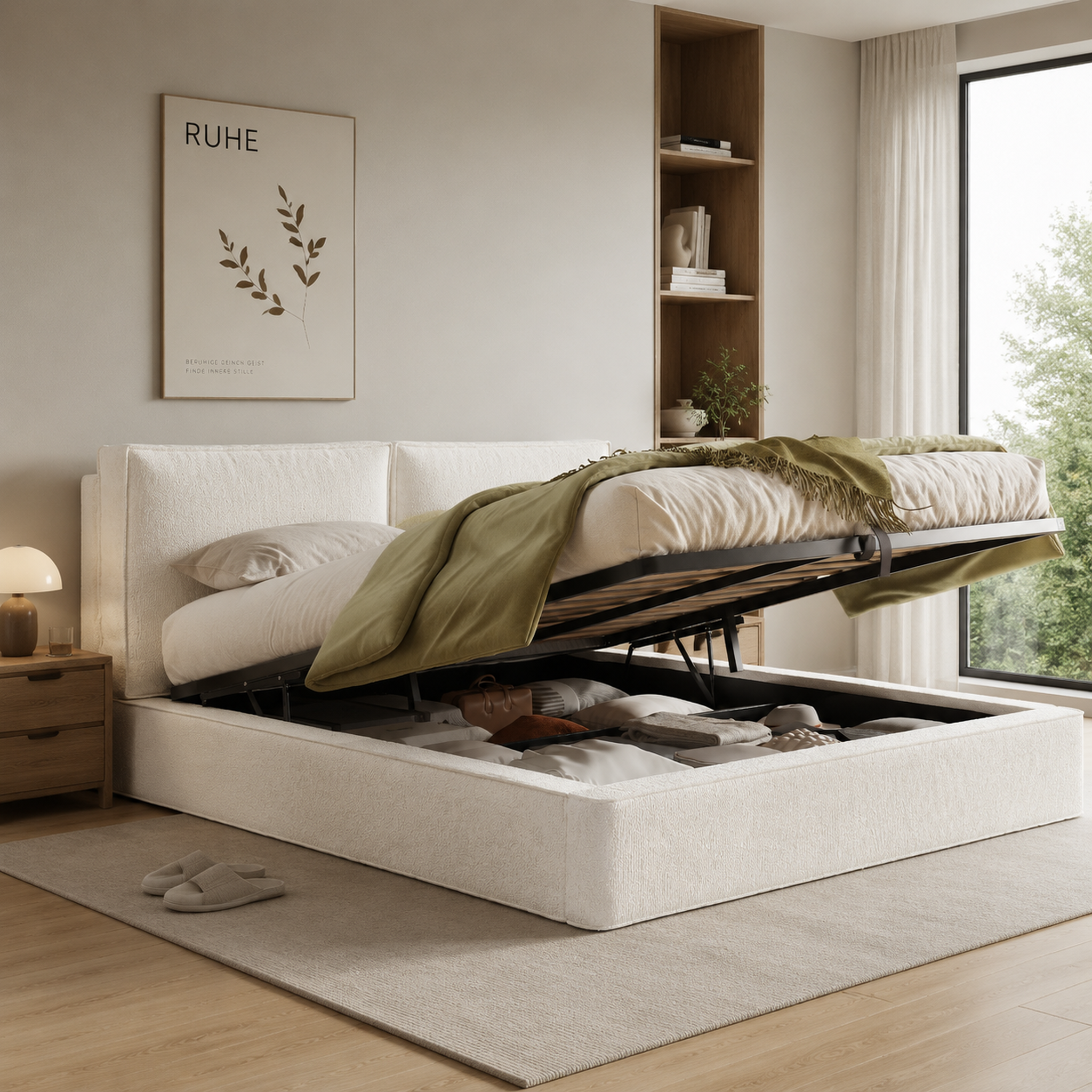 Voir la diapositive 4 : MERAX Lit coffre 180x200 cm avec rangement hydraulique, tête de lit rembourrée bouclé blanc
