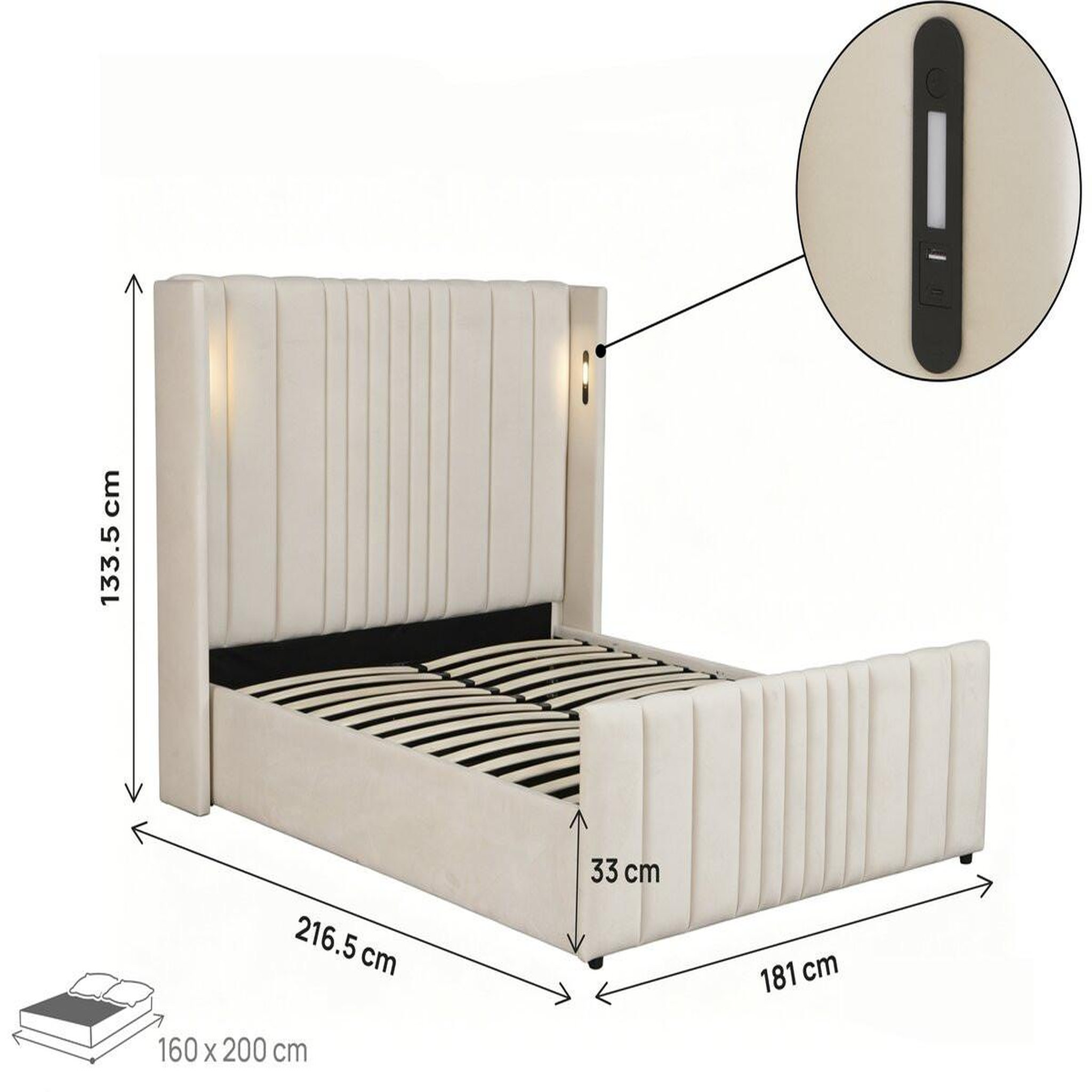 Voir la diapositive 4 : Habitat et Jardin Lit double avec coffre en tissu et lampes intégrés  verbier  - 160 x 200 cm - beige