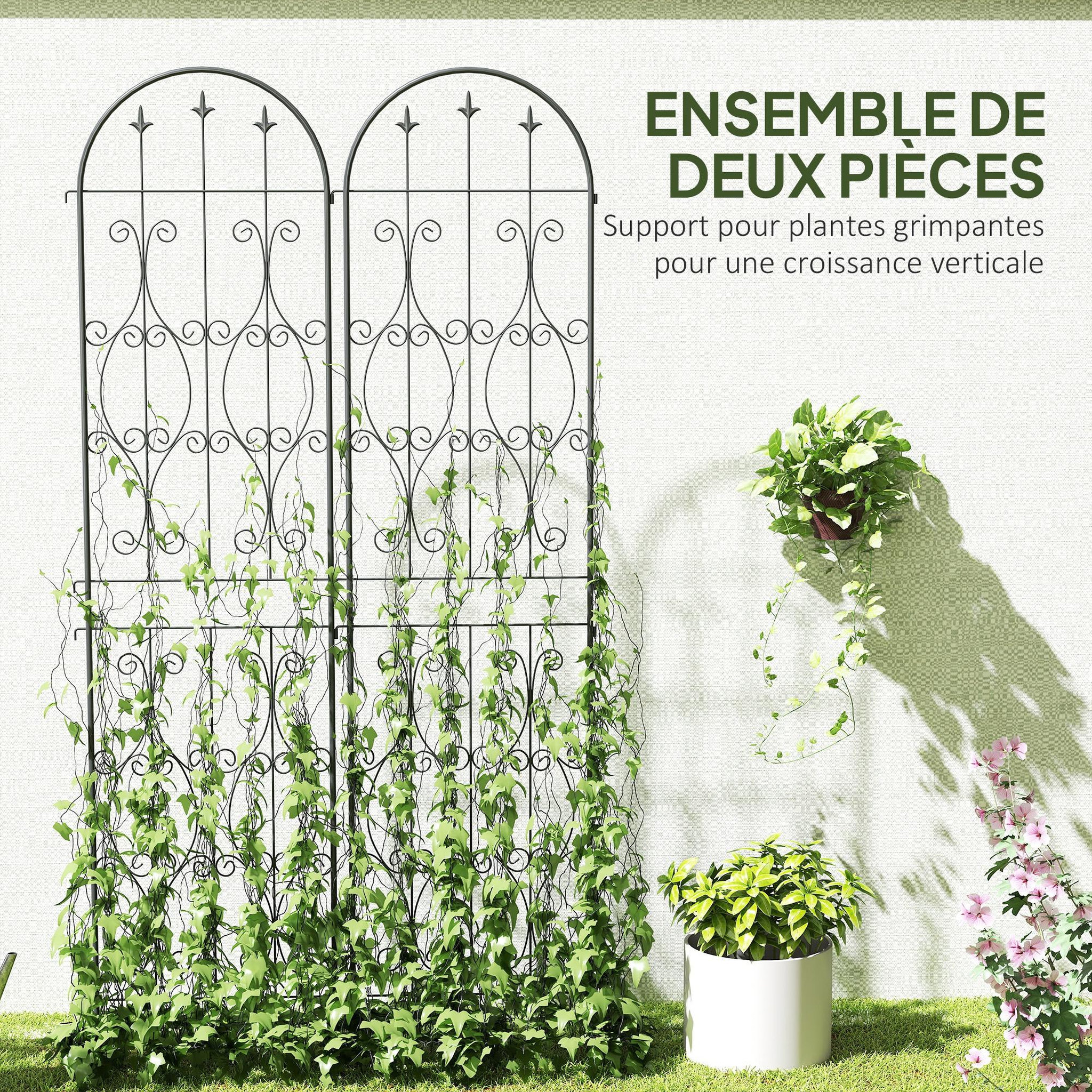 Voir la diapositive 4 : OUTSUNNY Treillis de jardin effet fer forgé pointe de fleur de lys  - 2 supports plantes grimpantes - 50 x 220 cm - métal époxy noir