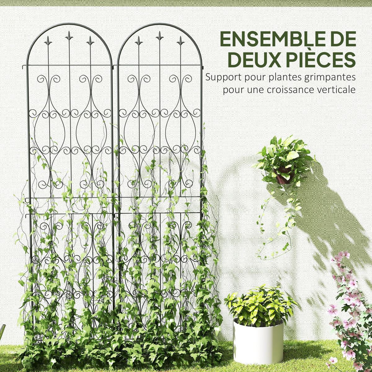 OUTSUNNY Treillis de jardin effet fer forgé pointe de fleur de lys  - 2 supports plantes grimpantes - 50 x 220 cm - métal époxy noir