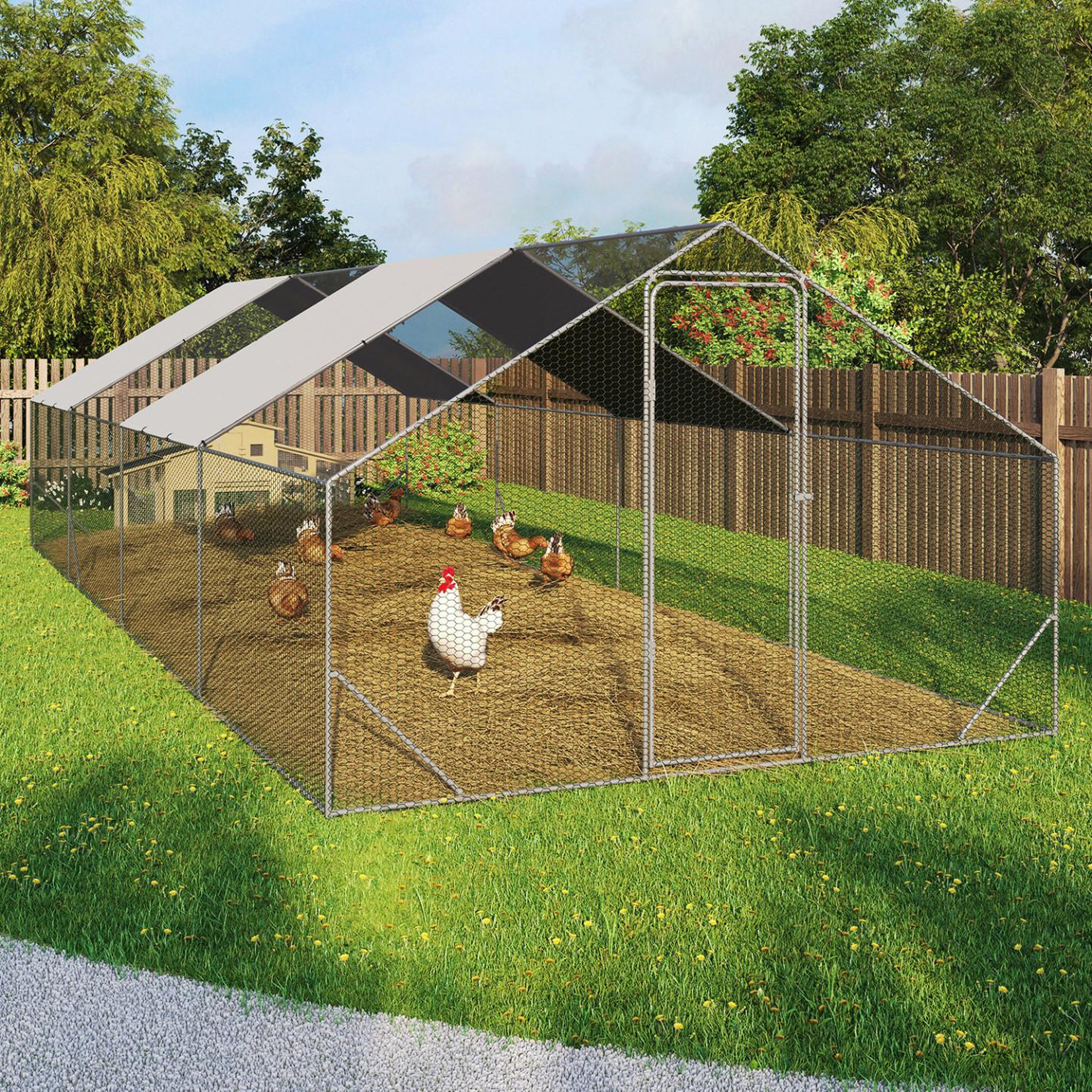 Voir la diapositive 2 : ID MARKET Enclos poulailler 24 m² parc grillagé 8x3 m acier galvanisé